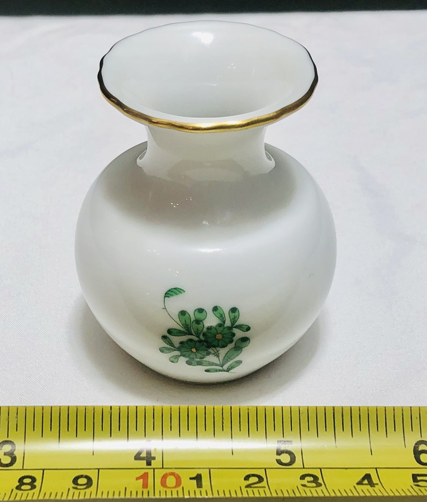 Herend Hungary Hand Painted Mini 2-3/4” Bud Vase Green Floral Gold Rim Porcelain