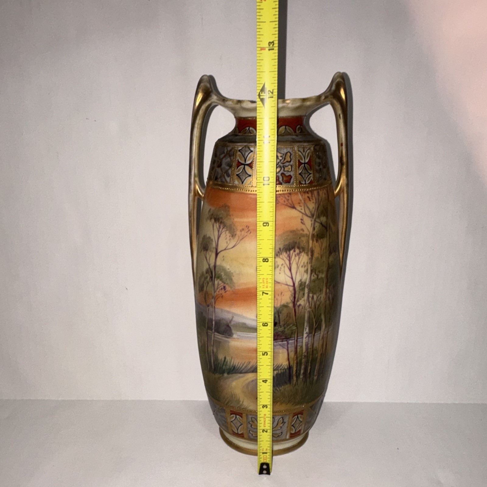 Nippon Porcelain Hand Painted Landscape Vase Double Handles 12 in Art Nouveau