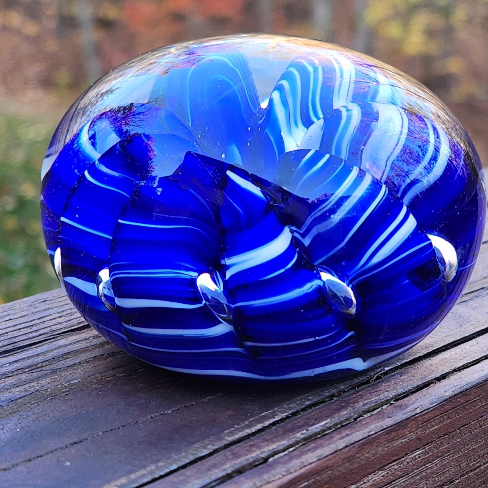 Art Glass Paperweight Signed Joe St Claire Dark Blue Ribbon Crimp Control Bubble