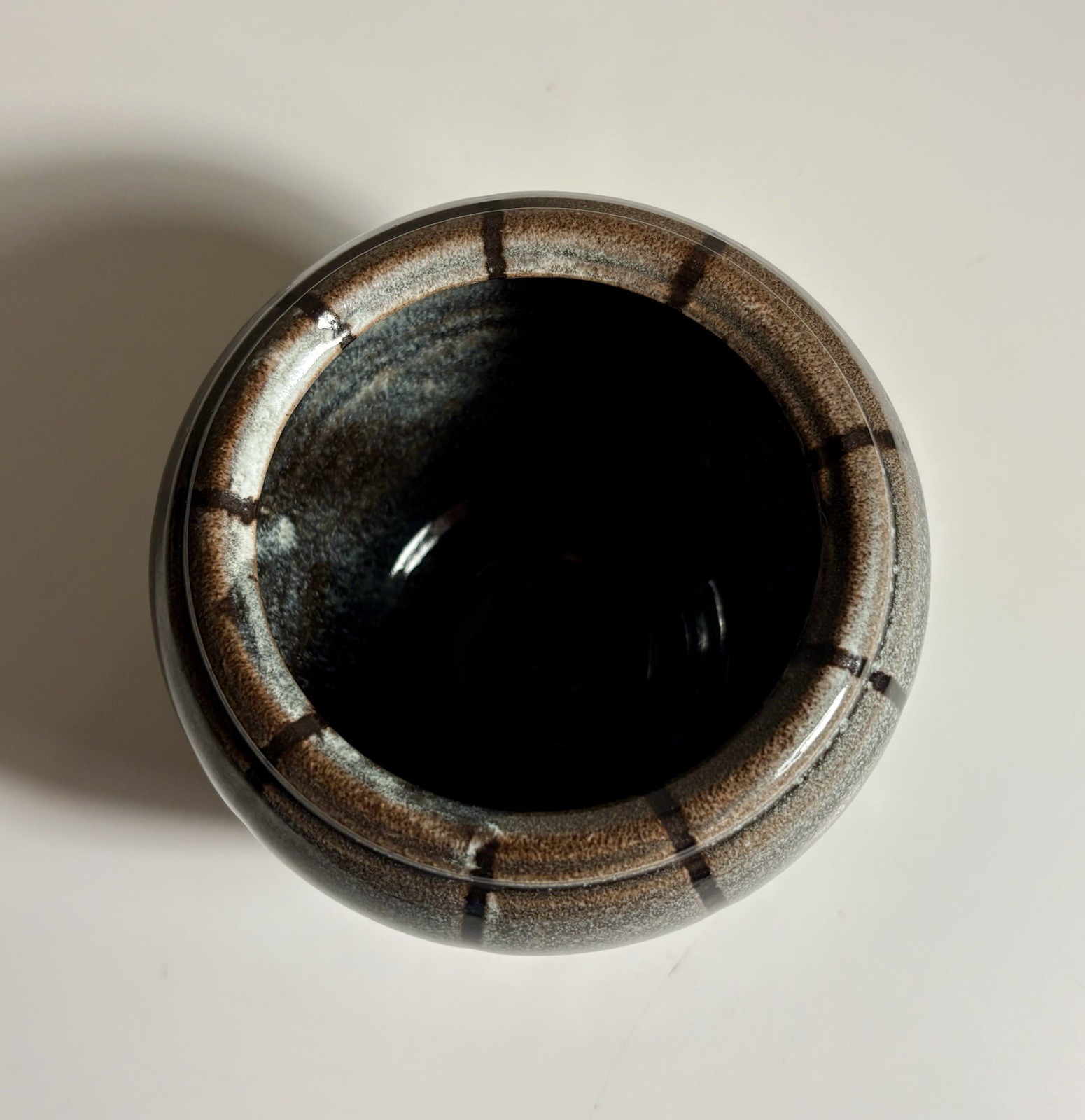 Studio Pottery Planter Checker Pattern Glaze Black Grey Rust Mark On Bottom