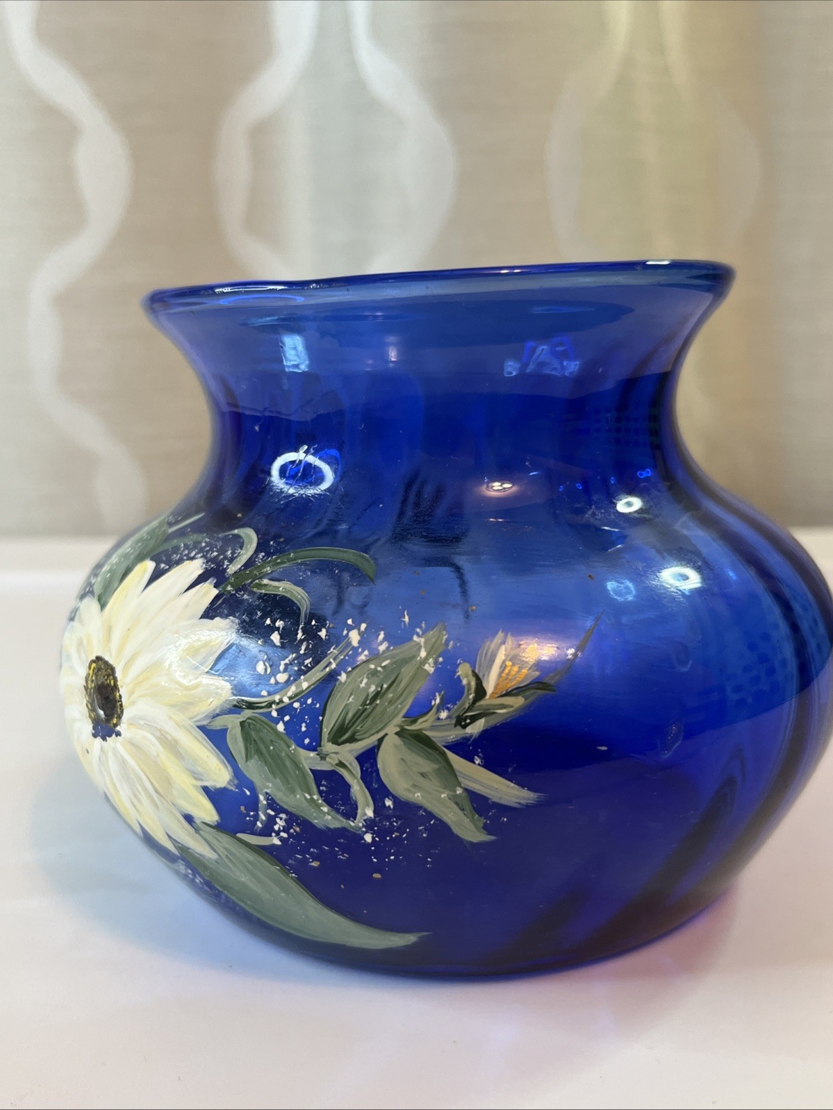 Vintage Indiana Glass Cobalt Blue Wide Mouth Bouquet Vase Illusions Hand Painted