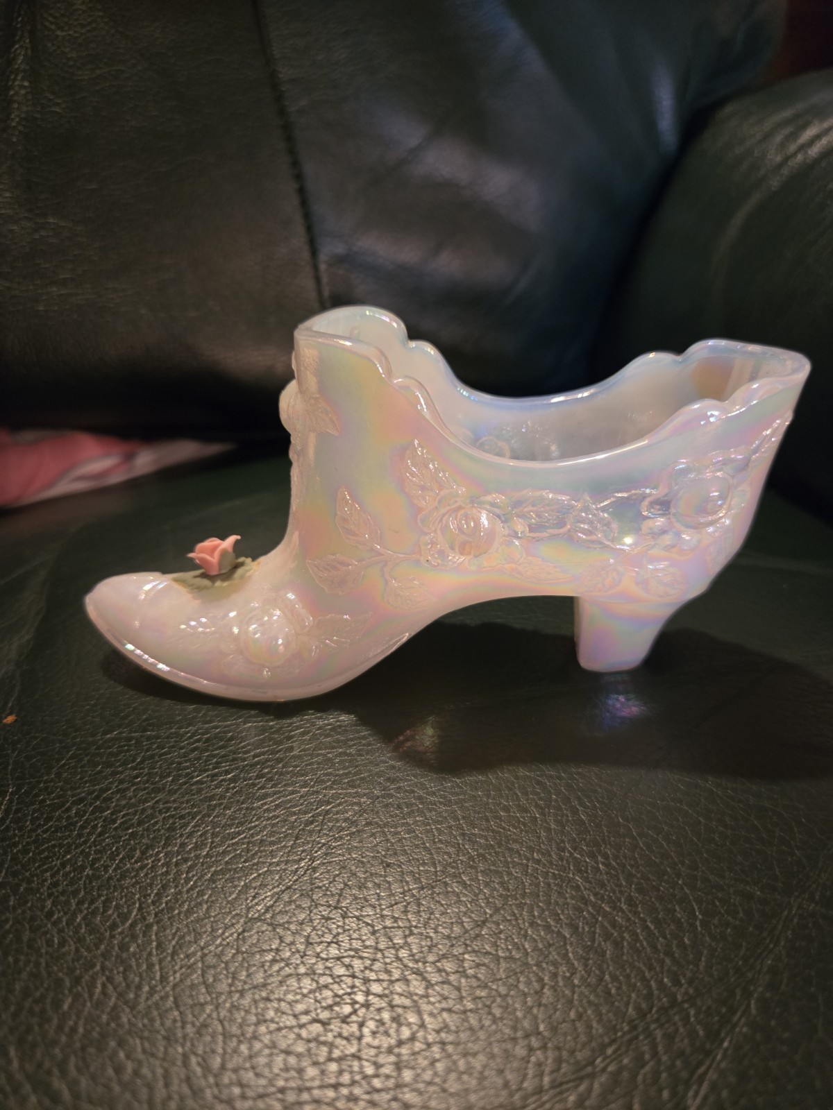 Vintage Fenton Cabbage Rose Iridescent Milk Glass Slipper w/ Raised Pink Rose