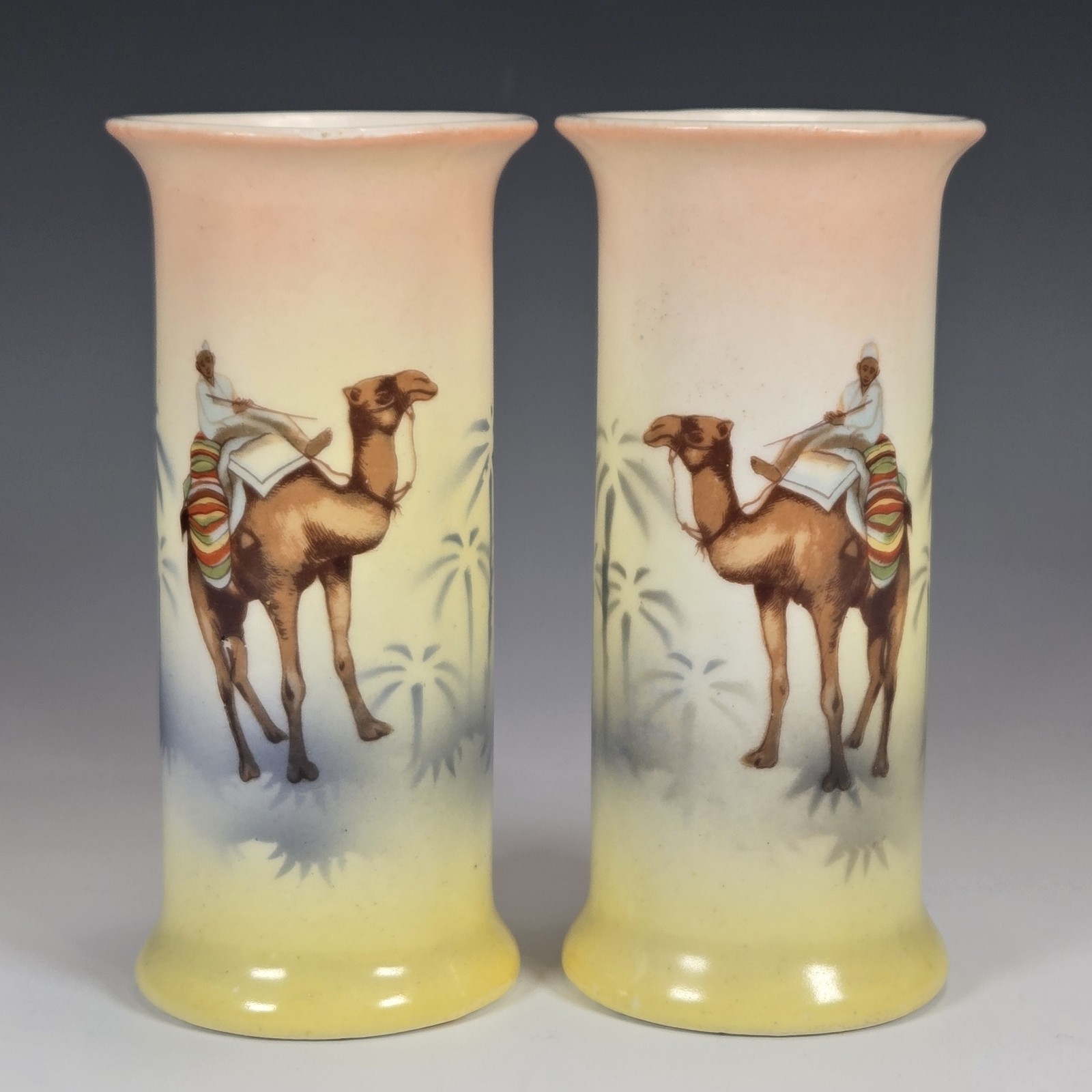 Czech Pottery Bud Vases Desert Scene Camels Hand Painted Porcelain Antique 1920s