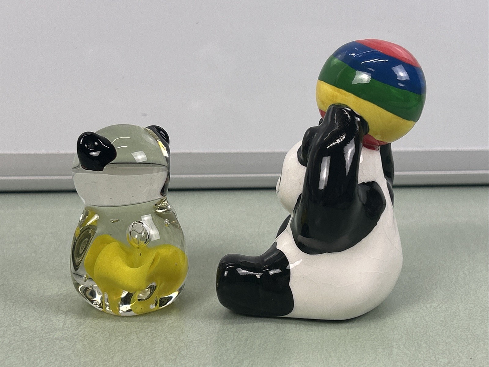 Panda Figure Figurine Statue Lot Omnibus 1984 & Hand Blown Glass Art Paperweight