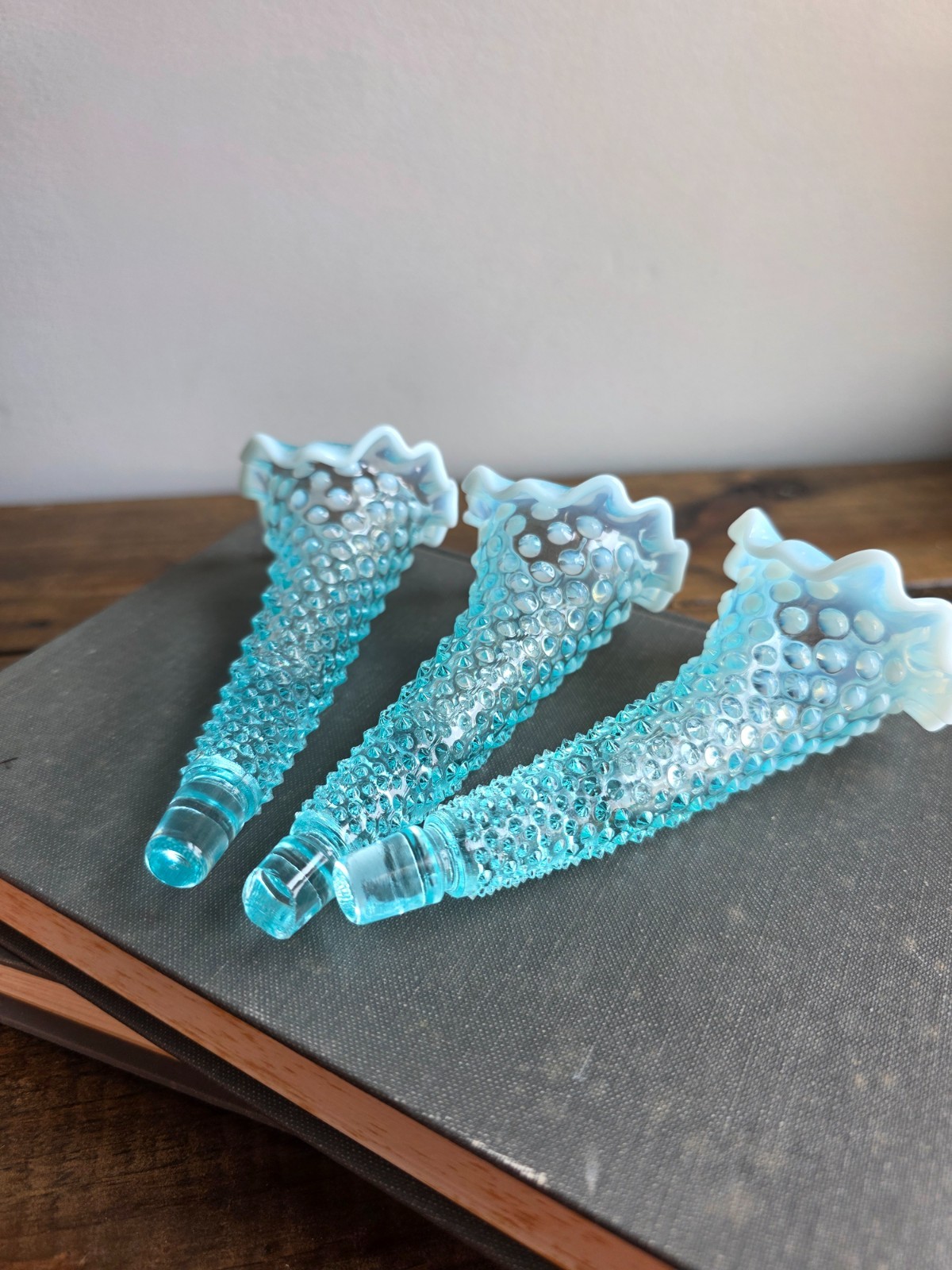 (3) Fenton Horns For Epergne – Opalescent Blue Aqua Hobnail 6″