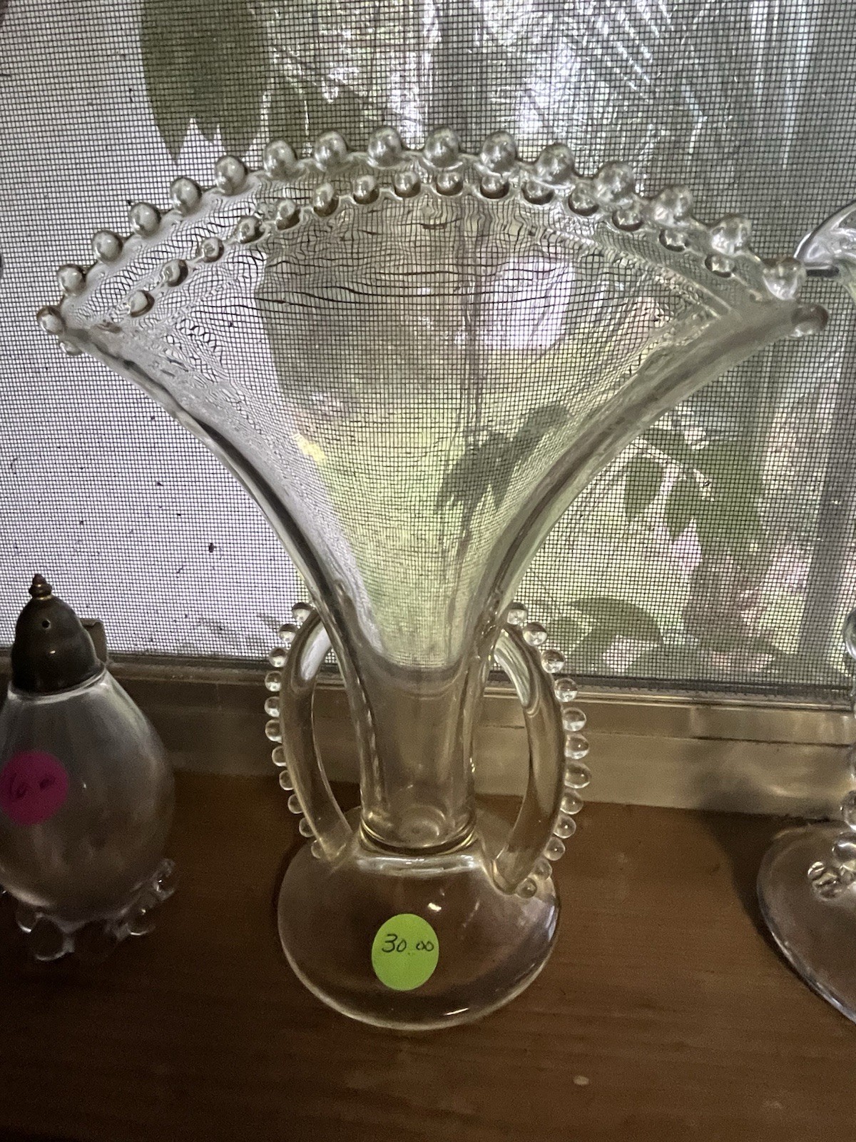 Decorative Clear Glass Vase Glossy Finish Beaded Edge and Beaded Rim Design