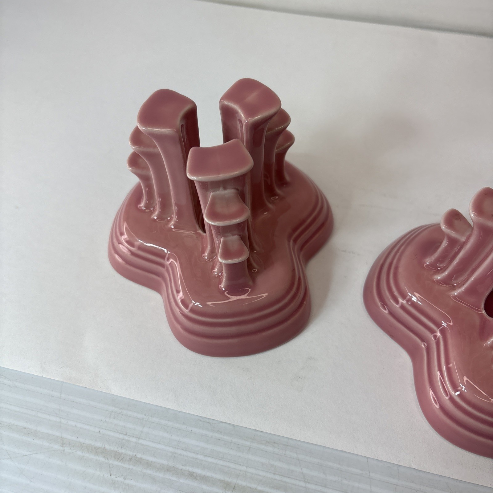 Fiesta Ware, Rose Pink Art Deco Pyramid Style Vintage Candle Holder Pair (2)