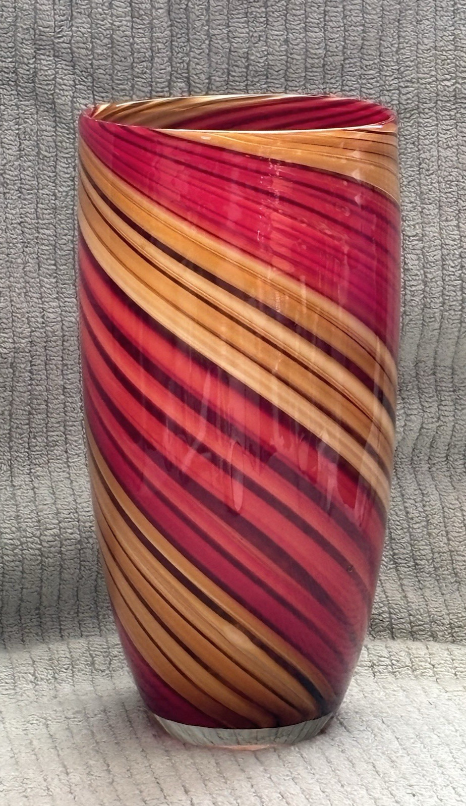 Large Handblown Red & Gold Swirl Art Glass Vase Round Murano Style 10 1/4″