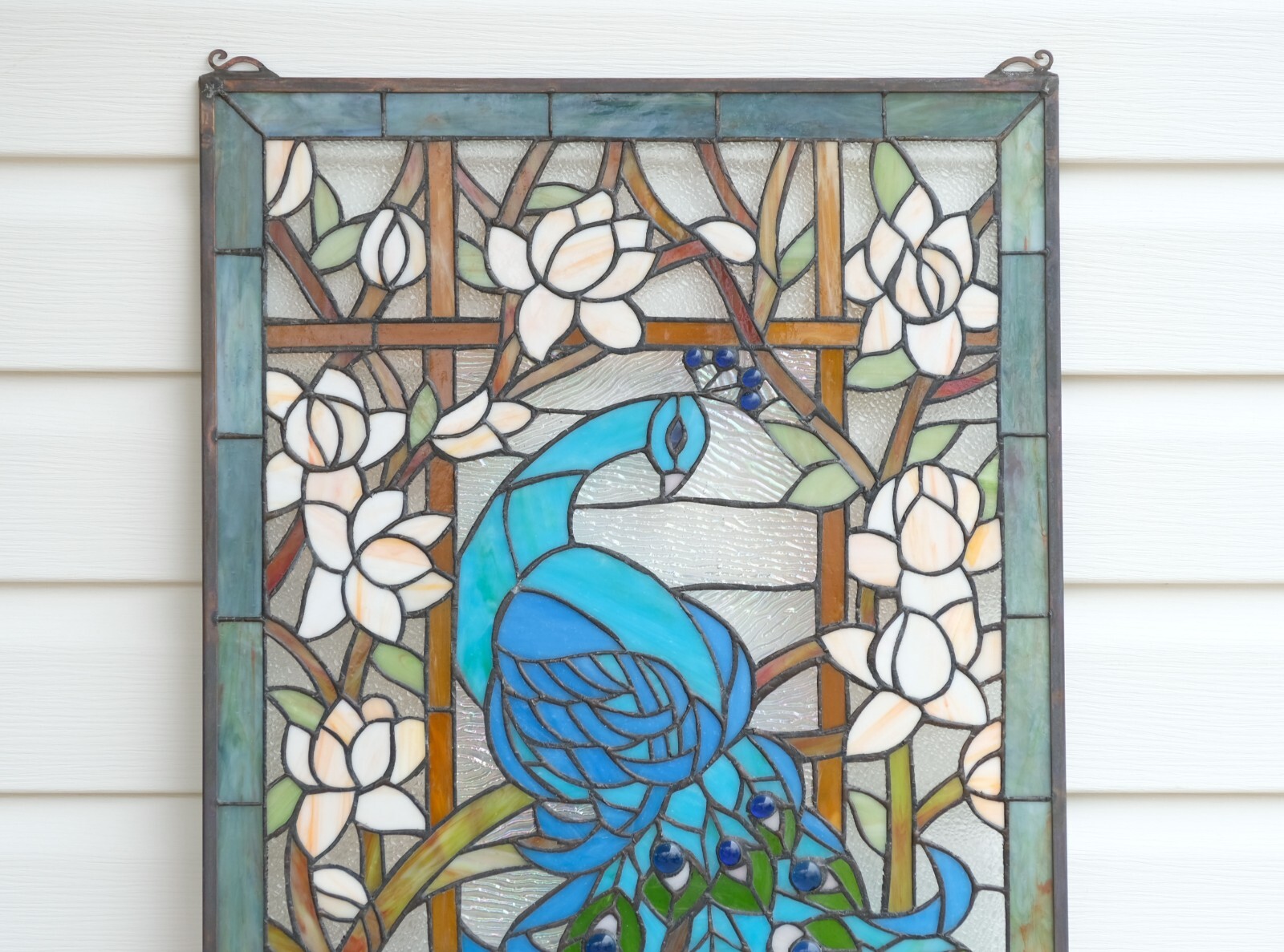 20.5″ x 34.75″ Handcrafted peacock flower stained glass window panel WL22-221