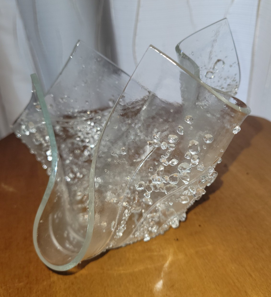 Clear Bubble Textured Glass Handkerchief Vase Signed by Artist 2003