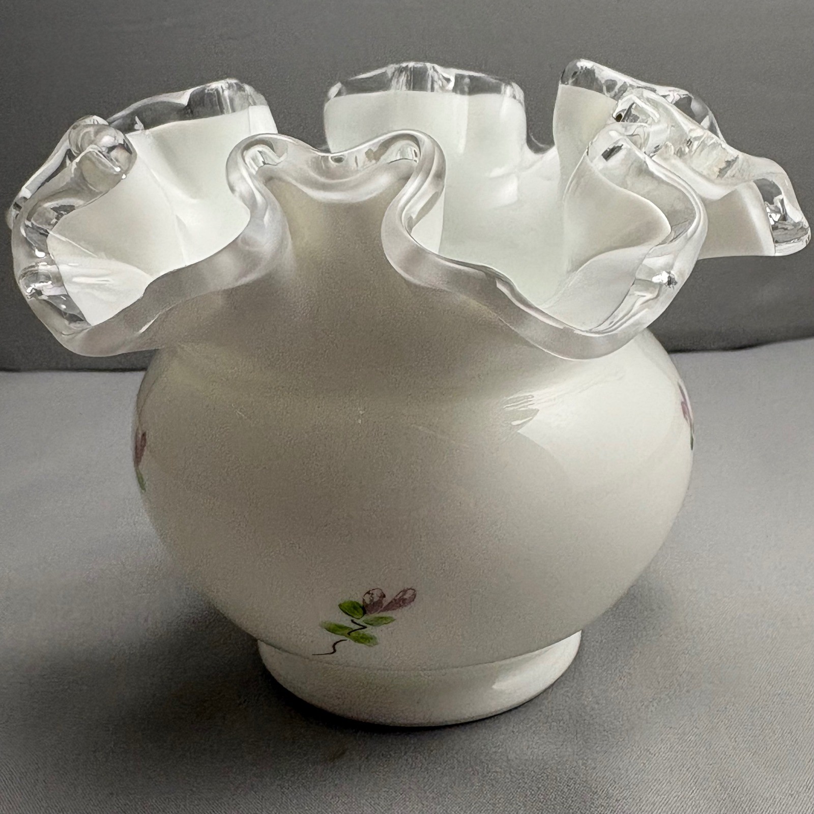Fenton Silver Crest Vase Lilacs In The Snow Hand Painted Ruffled Milk Glass