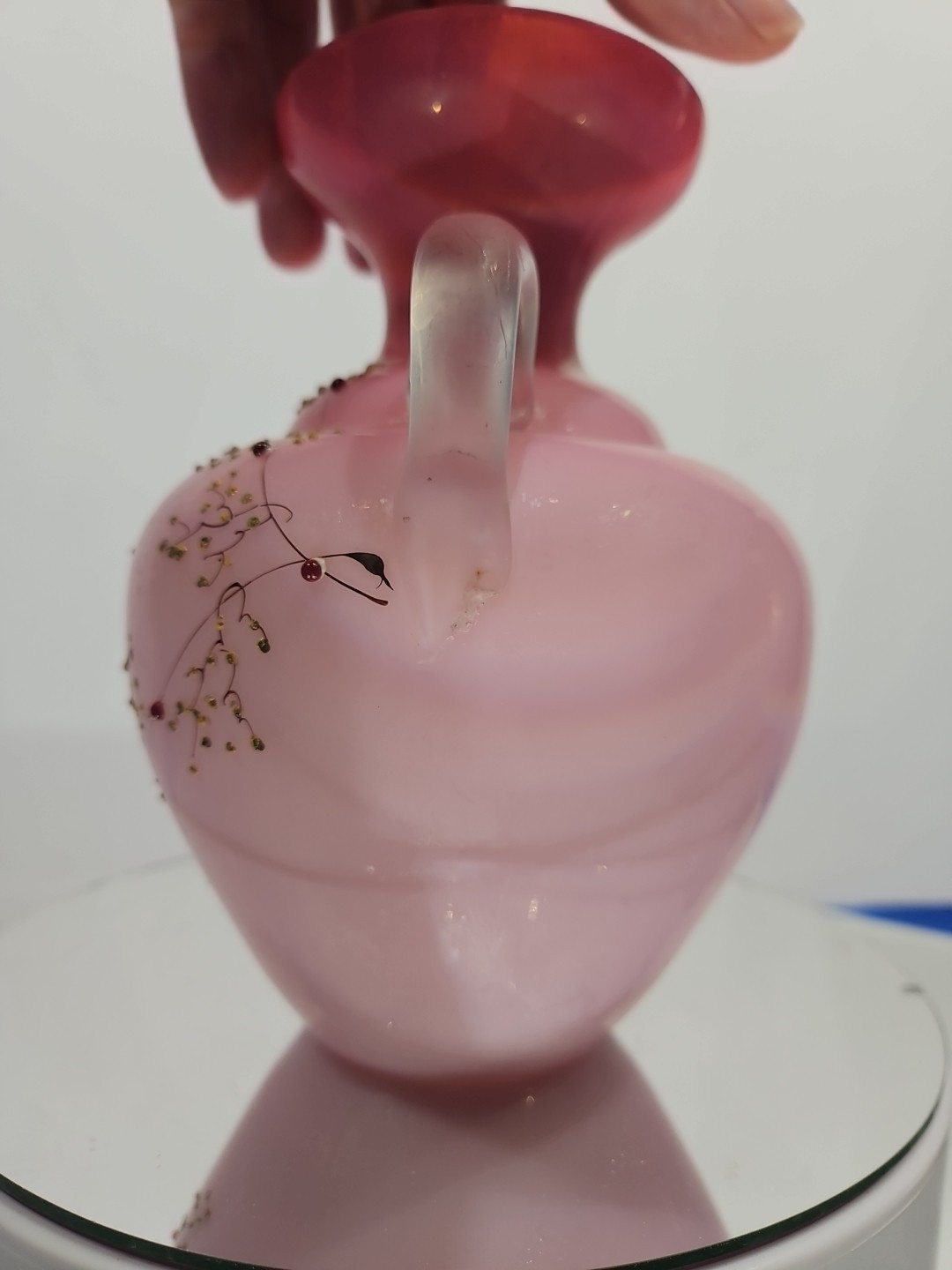 Art Glass Vase w/ handles Cased Pink white Peach Blow butterfly enamel victorian
