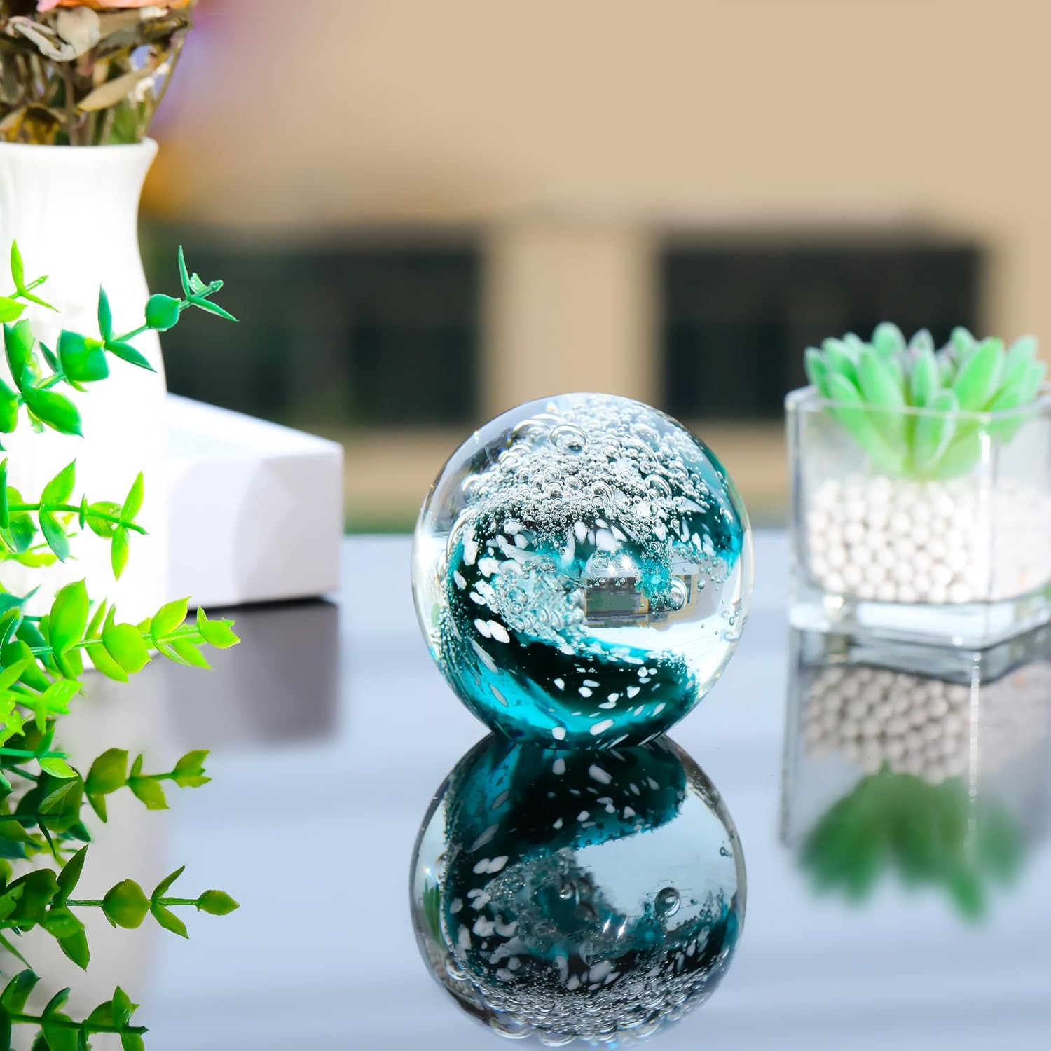 Qianwei Hand Blown Ocean Waves Crystal Ball – Glass Collectible Figurines Spere