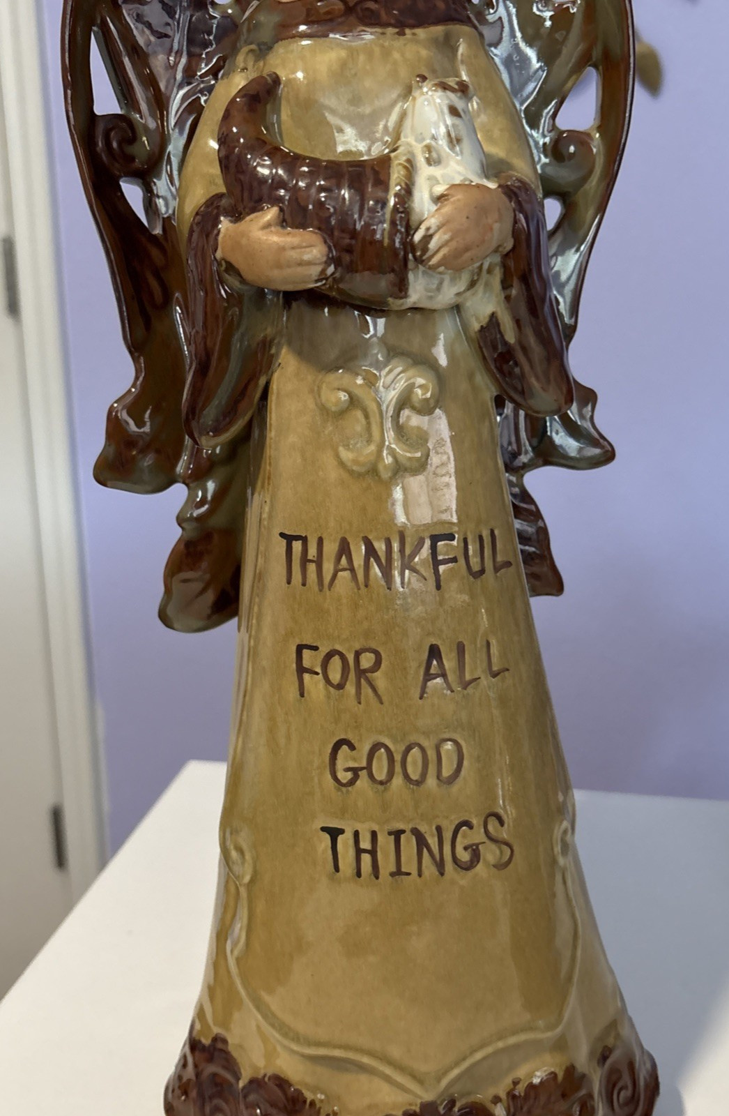 Glazed Art Pottery Angel Pierced Wing Figurine 15.75” Thanks Message Earth Tones
