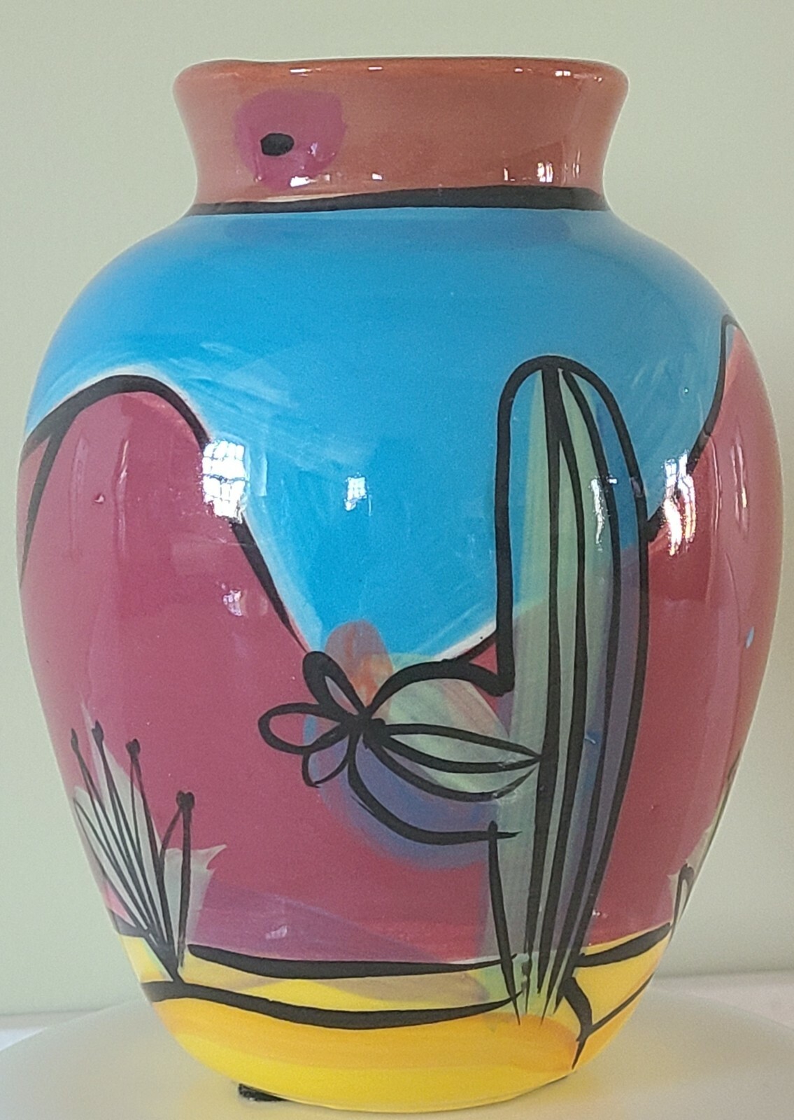 Southwest Saguaro Cactus Hand-Painted Pottery Vase