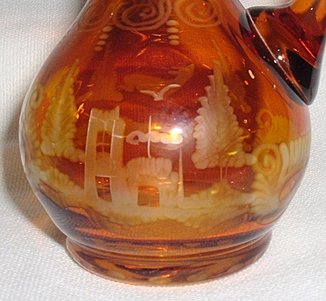 Venetian *Egermann Etched AMBER CLEAR GLASS GOLD GILT CRUET *Deer *Castle *Birds
