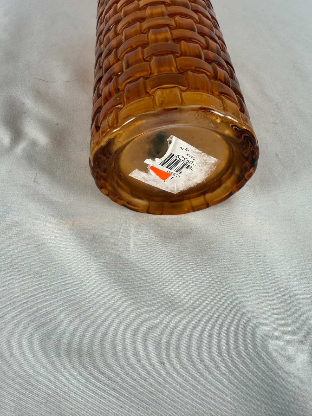 Vintage Indiana Glass Amber Vase Cubist Block Basket Weave Design 3″RD x 8″H