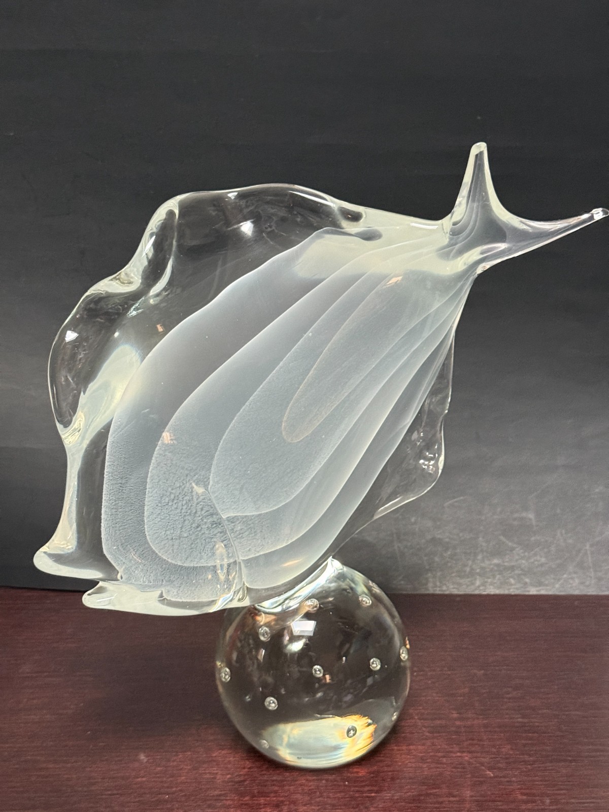 Signed Licio Zanetti Murano Art Glass Fish Sculpture Frosted White Swirl Bubble