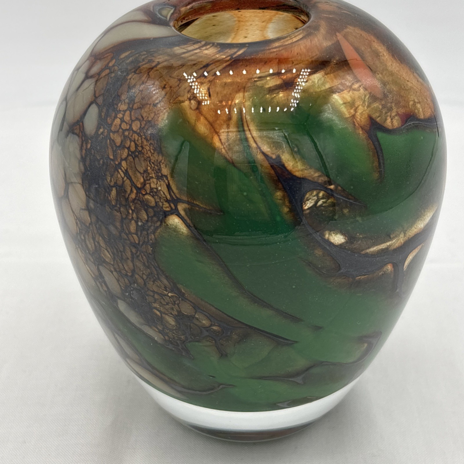 Signed Studio Art Glass Vase Green Amber Organic Cell Pattern Hand Blown 4.5”
