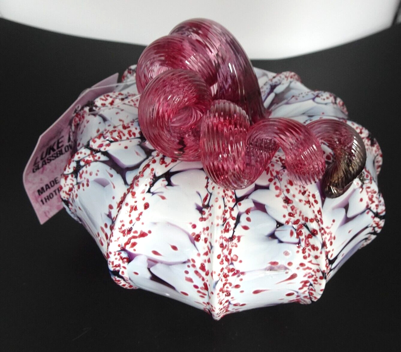 NIB Luke Adams Art Glass “CHERRY BLOSSOM” Mottled Pumpkin Figurine 5″ Squat LE