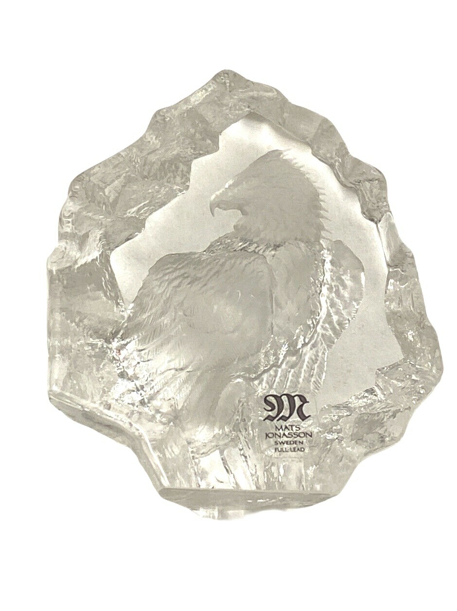 Mats Jonasson Full Lead Crystal Eagle Sculpture Sweden Clear Paperweight in Case