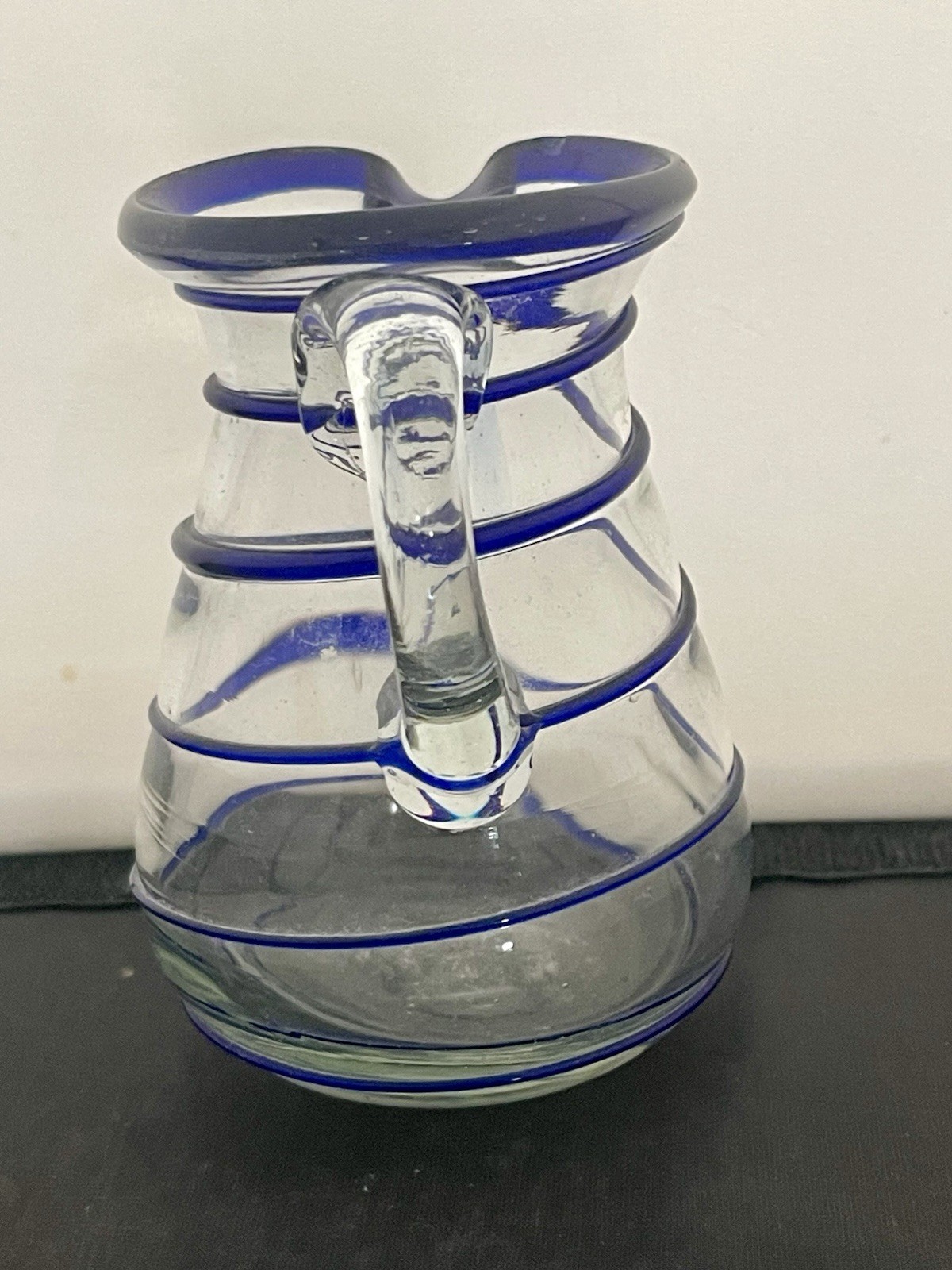 Vintage Small 4” Handblown Swirl Art Glass Pitcher Vase Clear and Blue Swirls