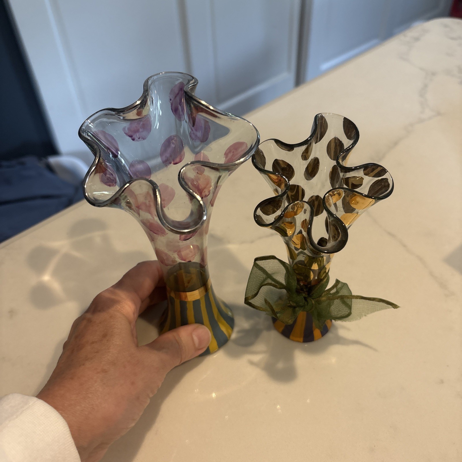 Vintage MacKenzie Childs “Circus Clown” Art Glass Bud Vases Pair
