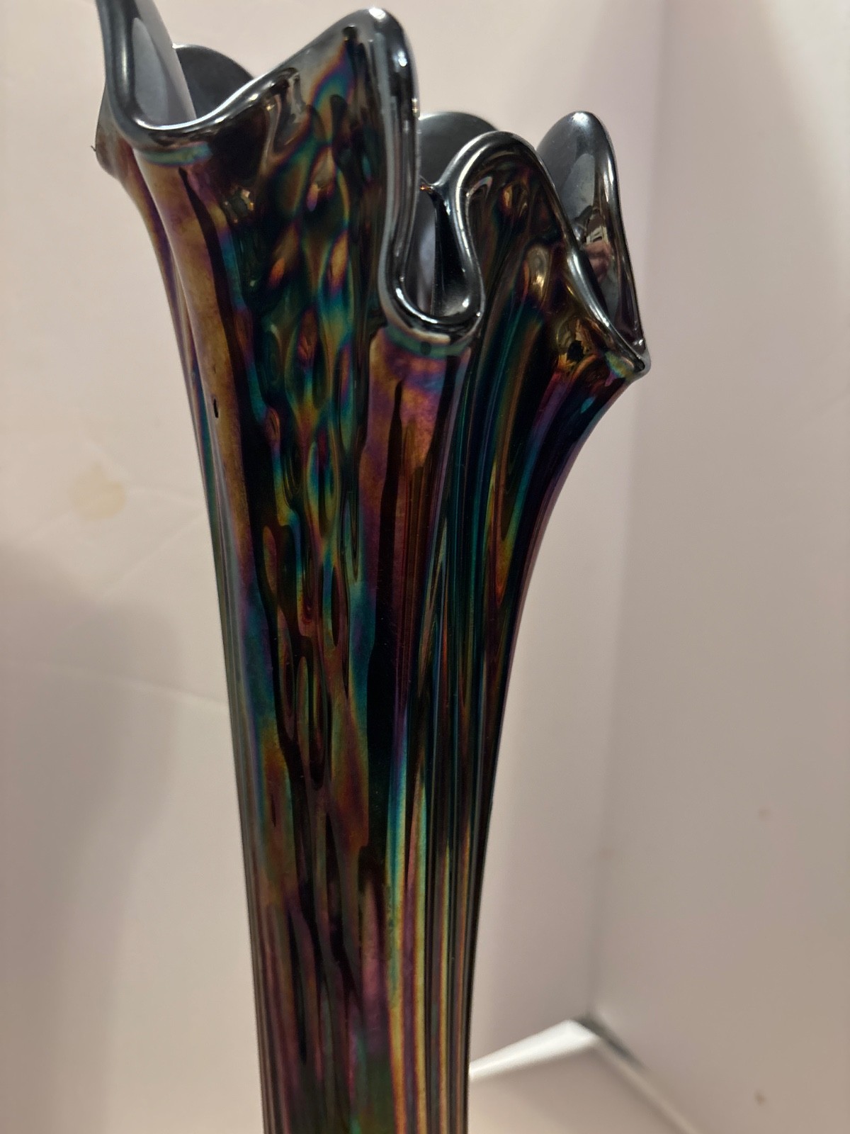 Gorgeous huge 17″ irridescent purple Fenton swung vase