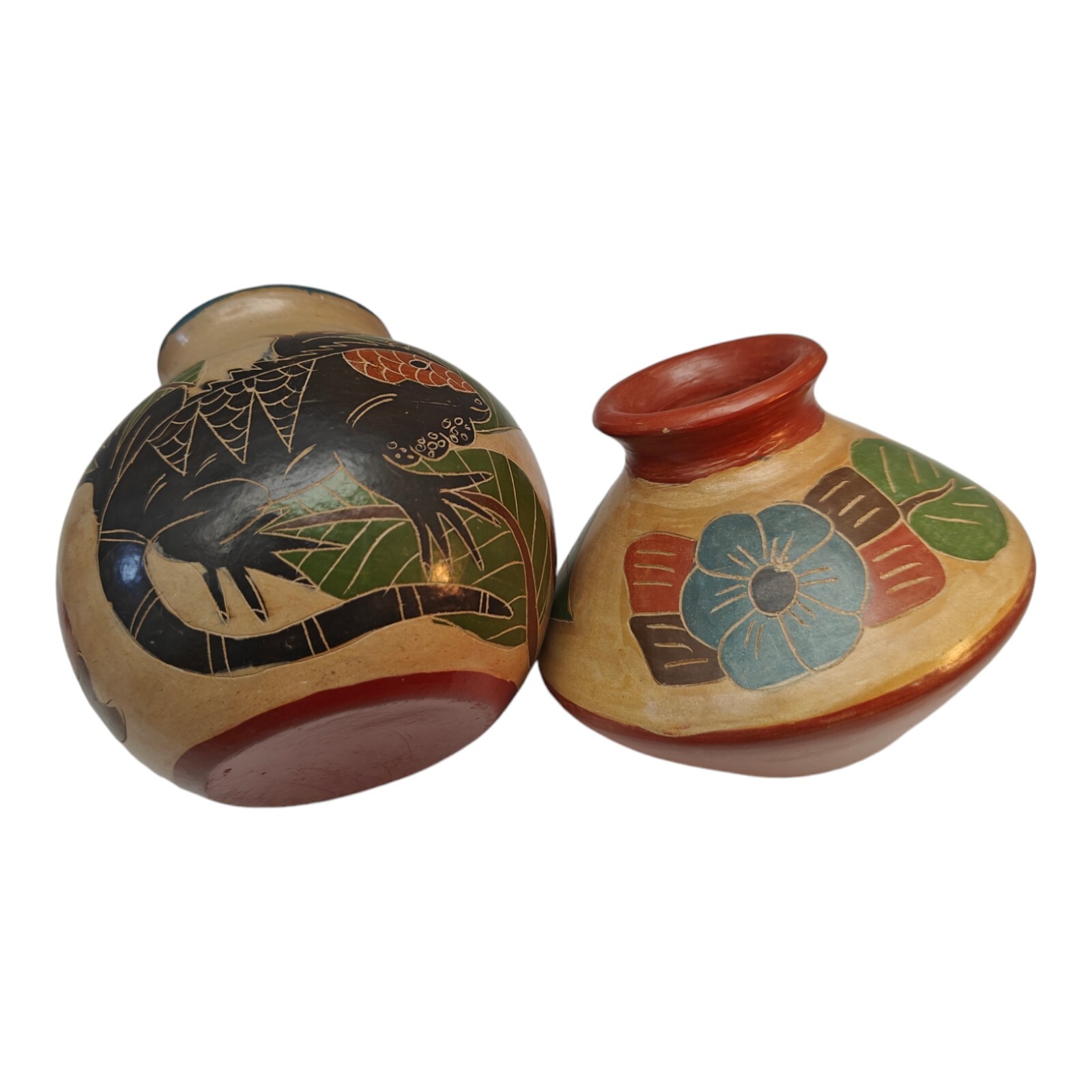 Nicaragua Pottery Vase Hand Carved Cut Design Clay Pot Iguana Lizard Floral