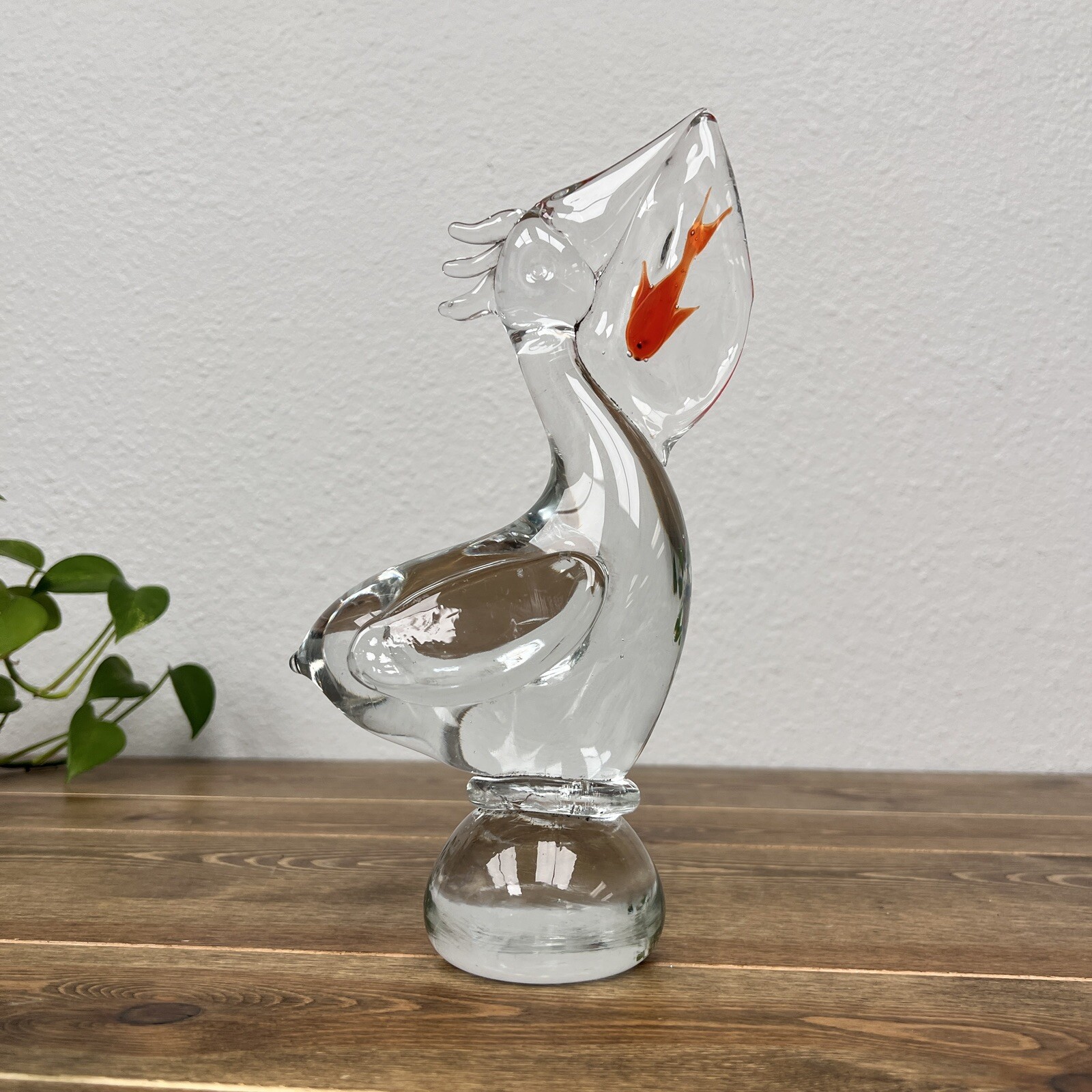 Clear Art Glass Pelican With Fish Sculpture/figurine Orange Fish