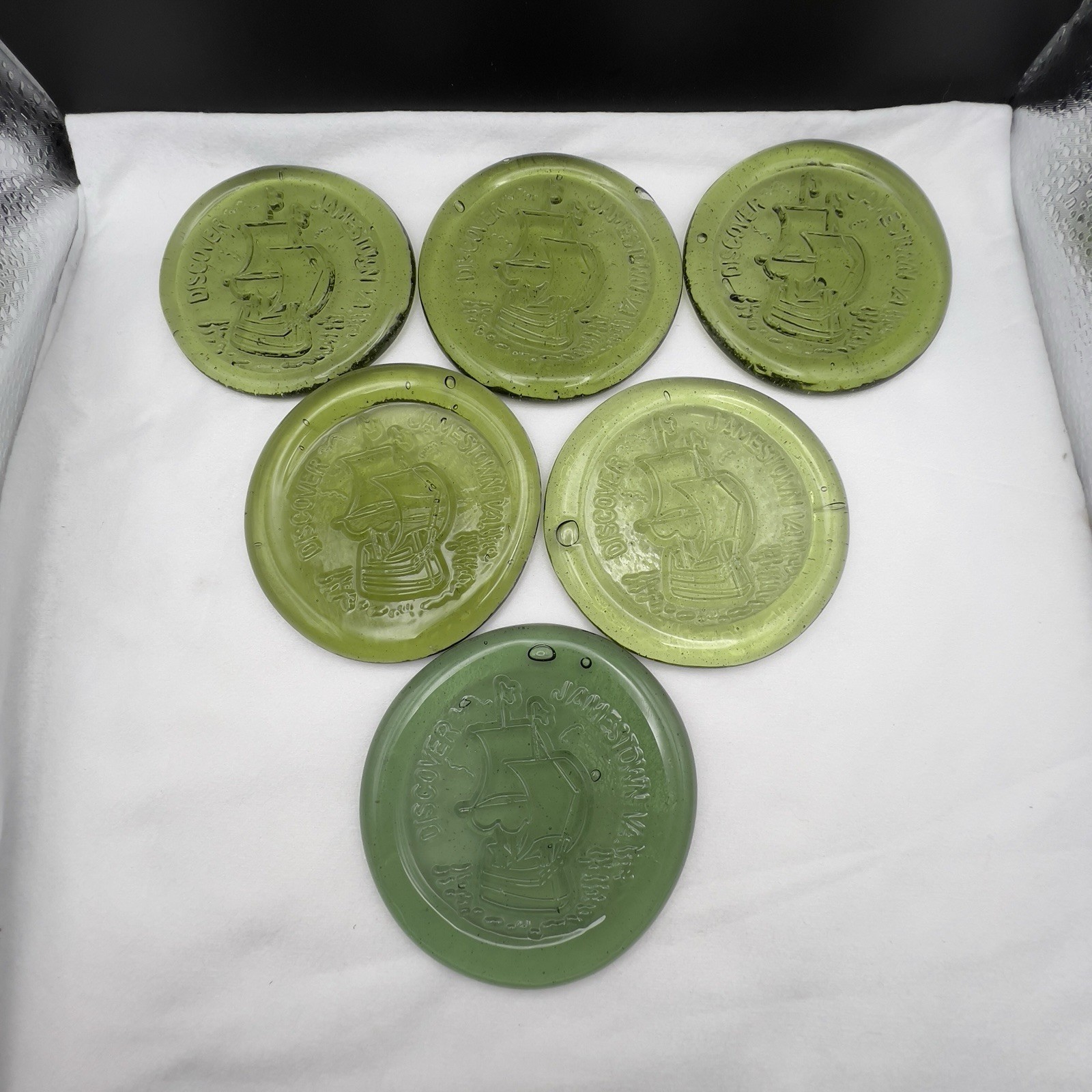 Vintage Jamestown Green Glass Paperweight Coaster ~ Set of 6