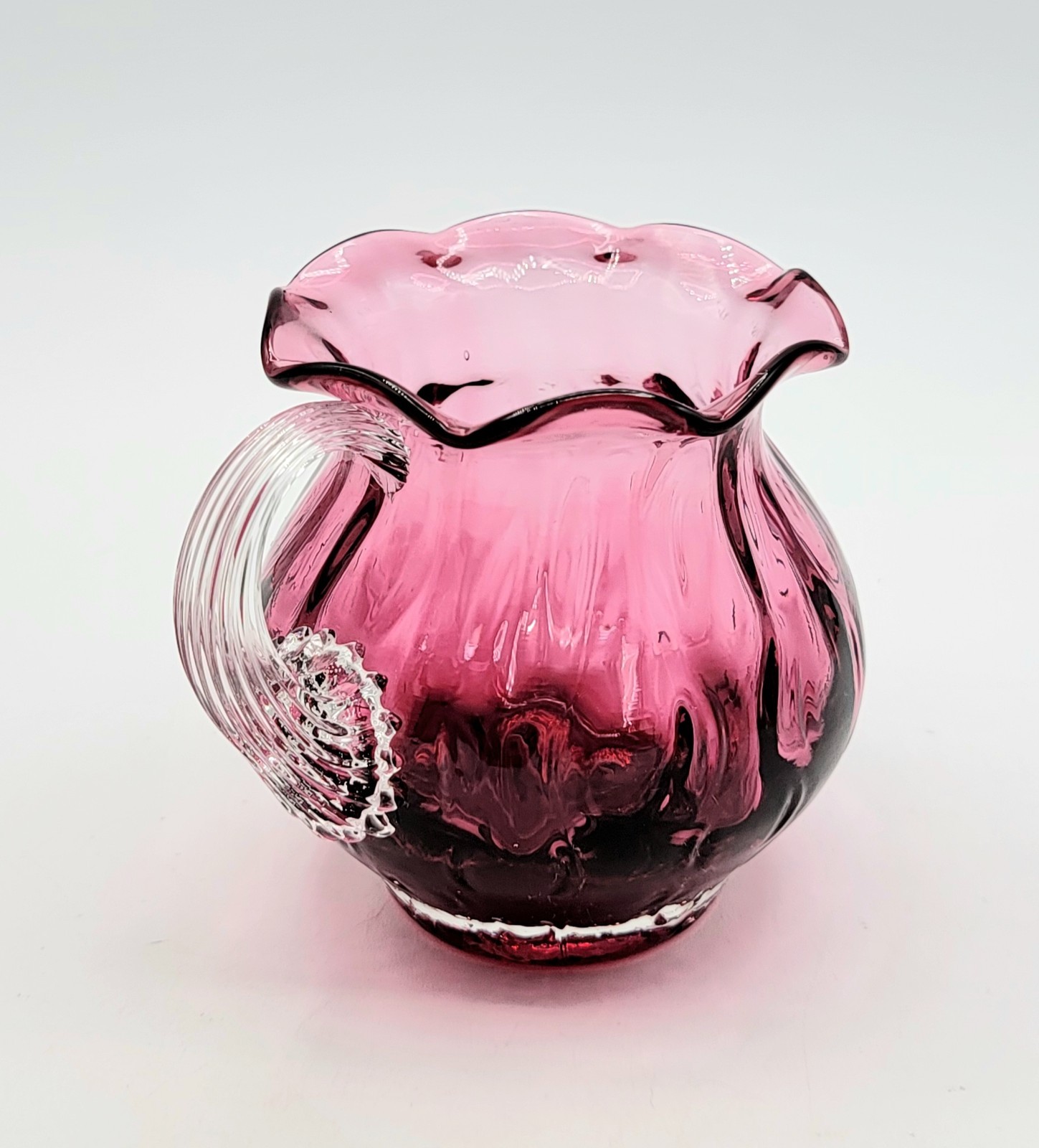 Pilgrim Cranberry Art Glass Vase W/ Ribbed Handle Ruffled Rim Hand Blown MCM