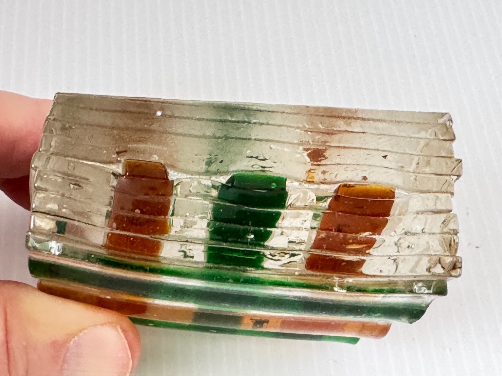 Hand Made Fused Glass Green & Orange Plaid Paperweight 10 Layers Thick 3″x1″