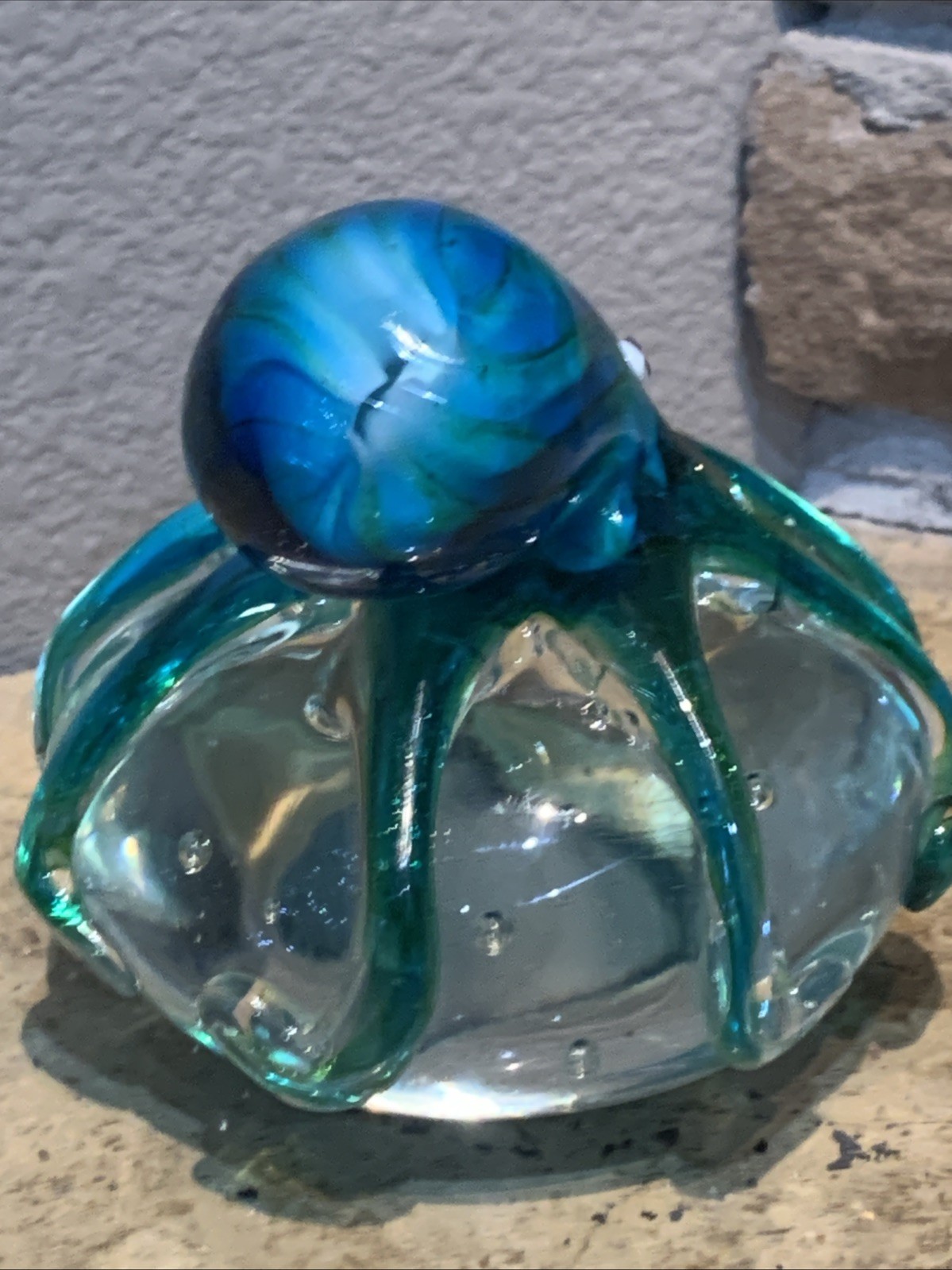 TEAL BLUE OCTOPUS PAPER WEIGHT HAND BLOWN ART GLASS 4.25″ TALL