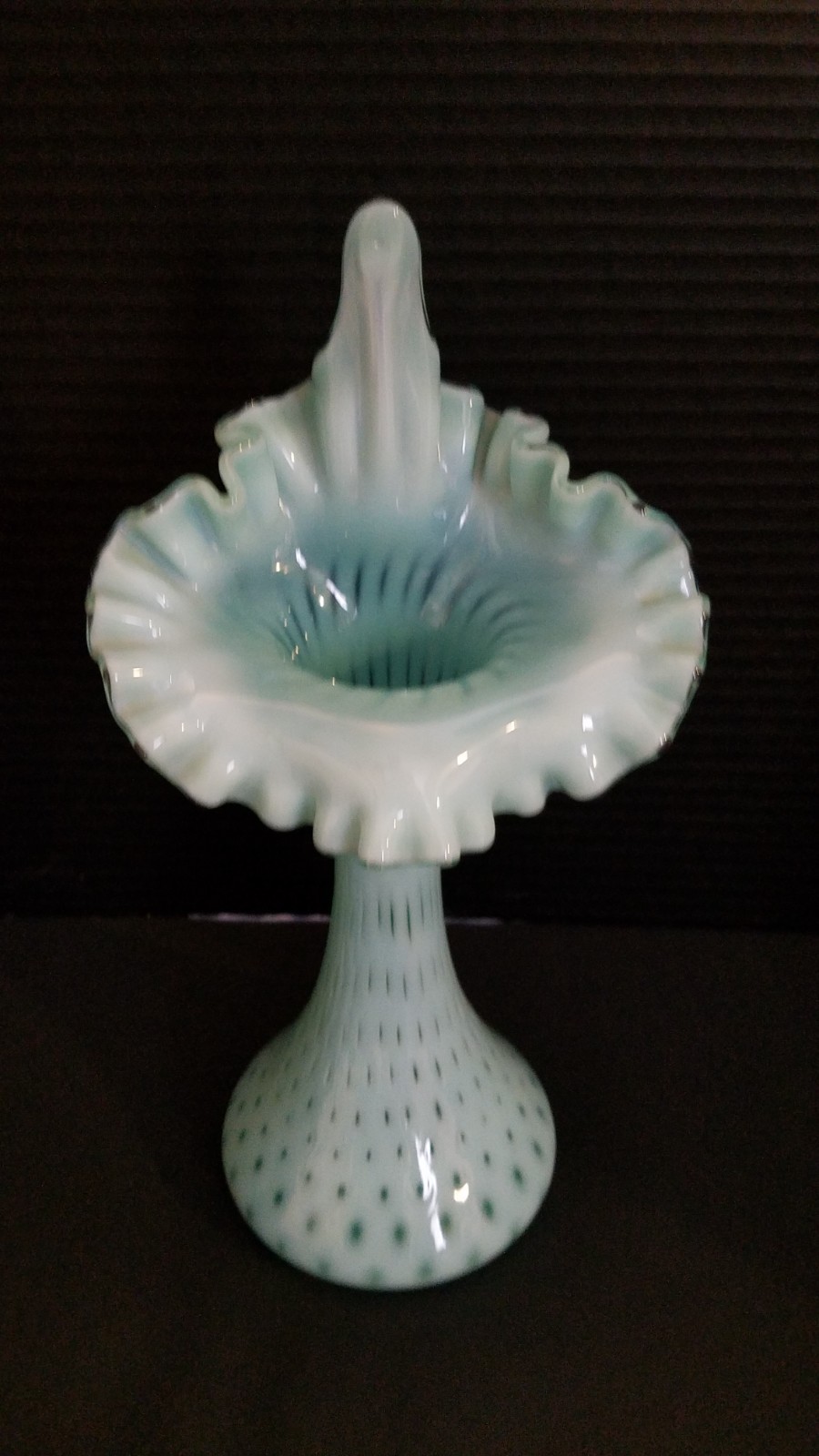 FENTON AQUA BLUE OPALESCENT COIN DOT JIP Jack in the Pulpit VASE 11″H