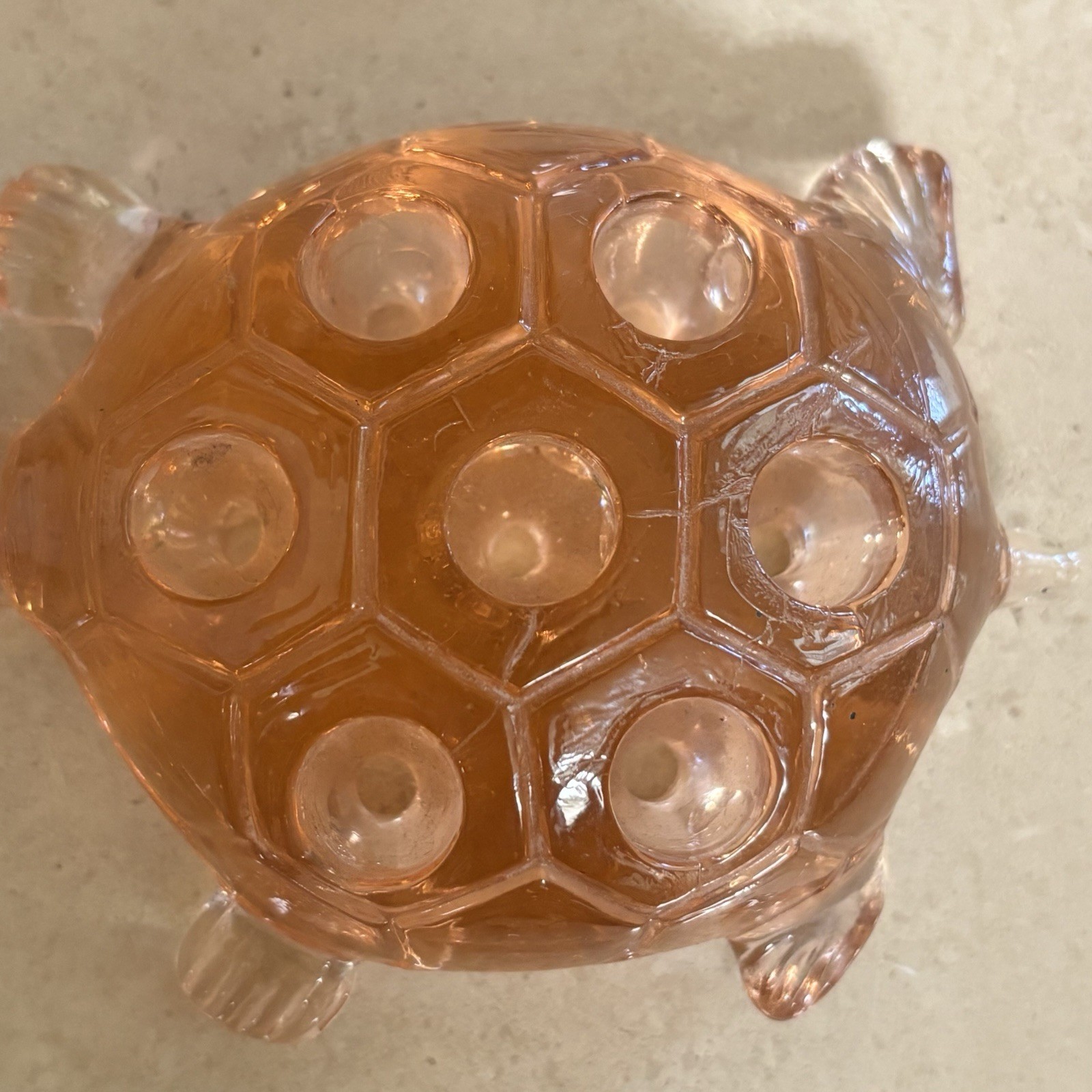 Vintage Glass Turtle ~ Flower Frog ~ Pink Glass ~ 7 Hole ~ 4 3/8”