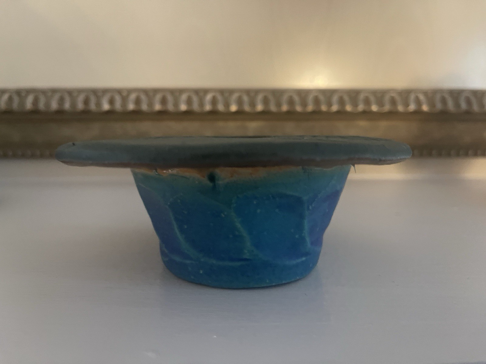 Studio Art Pottery Flower Frog Pedestal Plate Signed Blue Floral Design ~4.75”