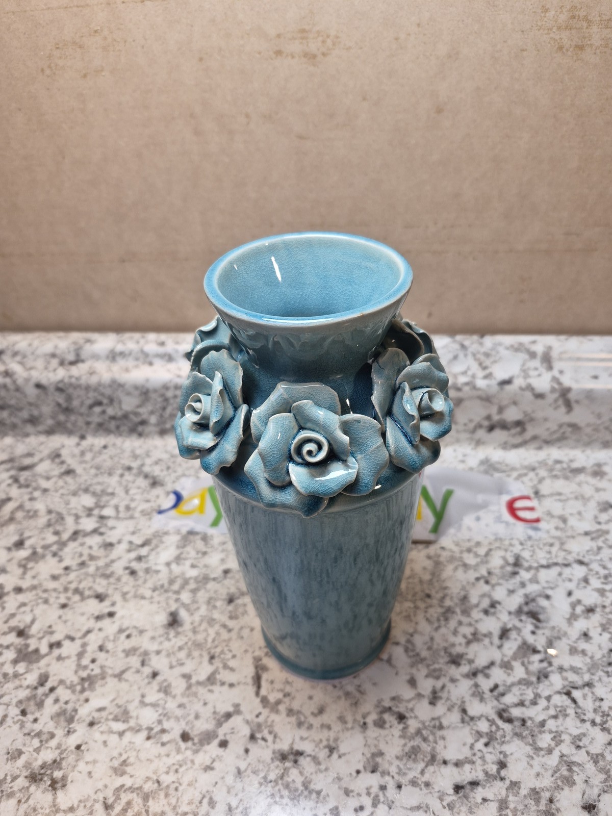 Sure Yuesi Teal Blue Ceramic Vase 7.5″ 3D Roses Floral Crackle Glaze Handmade