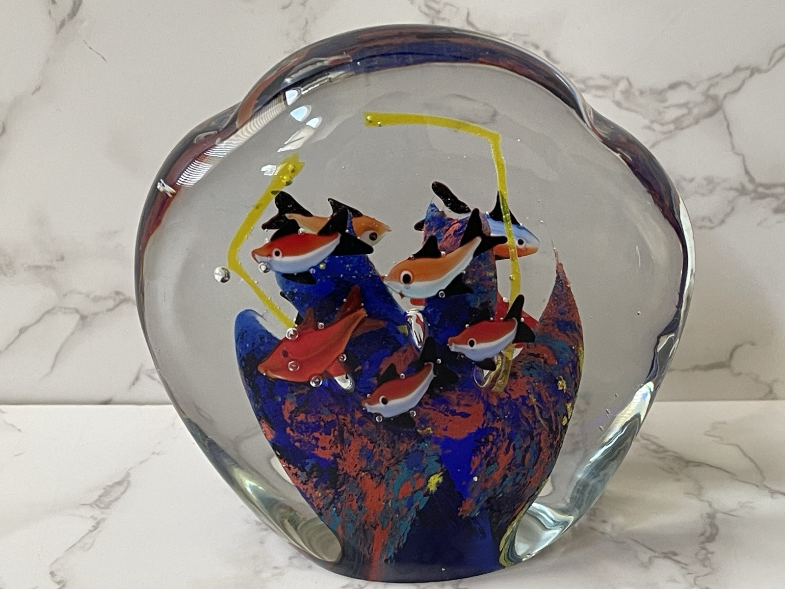 Large Art Glass Aquarium Paperweight Fish Coral Underwater Sea Life Multicolor