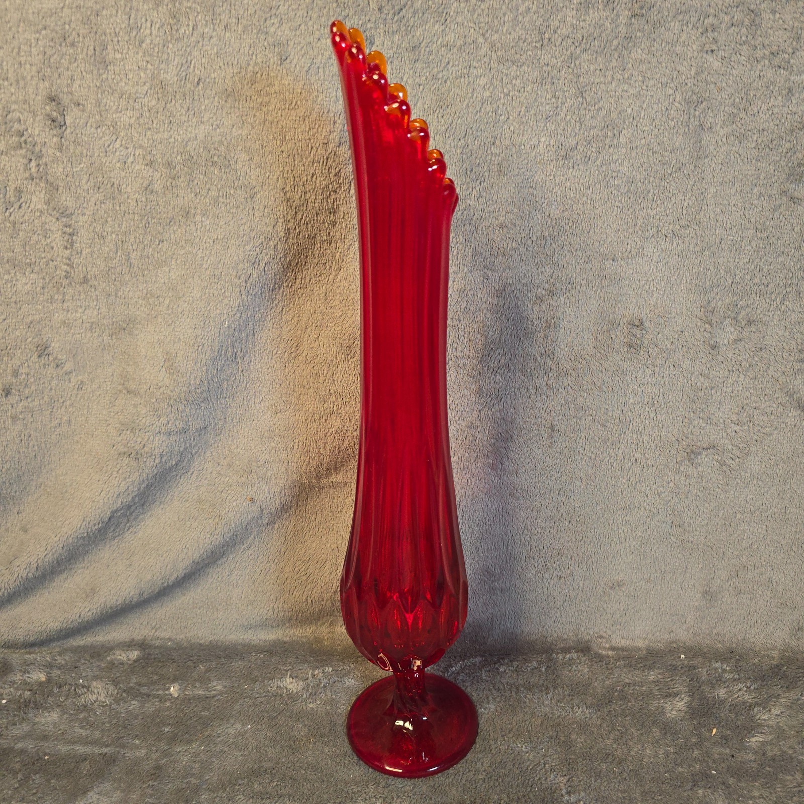 Vintage Fenton Glass Ruby Red Swung Vase Six Petal Footed Mid Century Modern Art