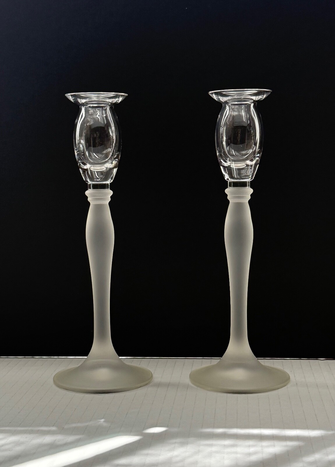 Set Of 2 Elegant Mikasa Ballet Single Light Clear/Frost Glass Taper Candlesticks