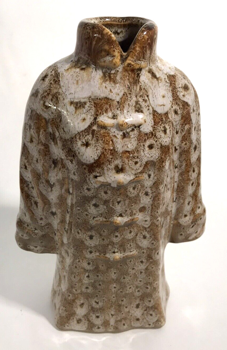 Ceramic Vase Chinese Asian Changpao Long Robe Brown and Cream Fur Design