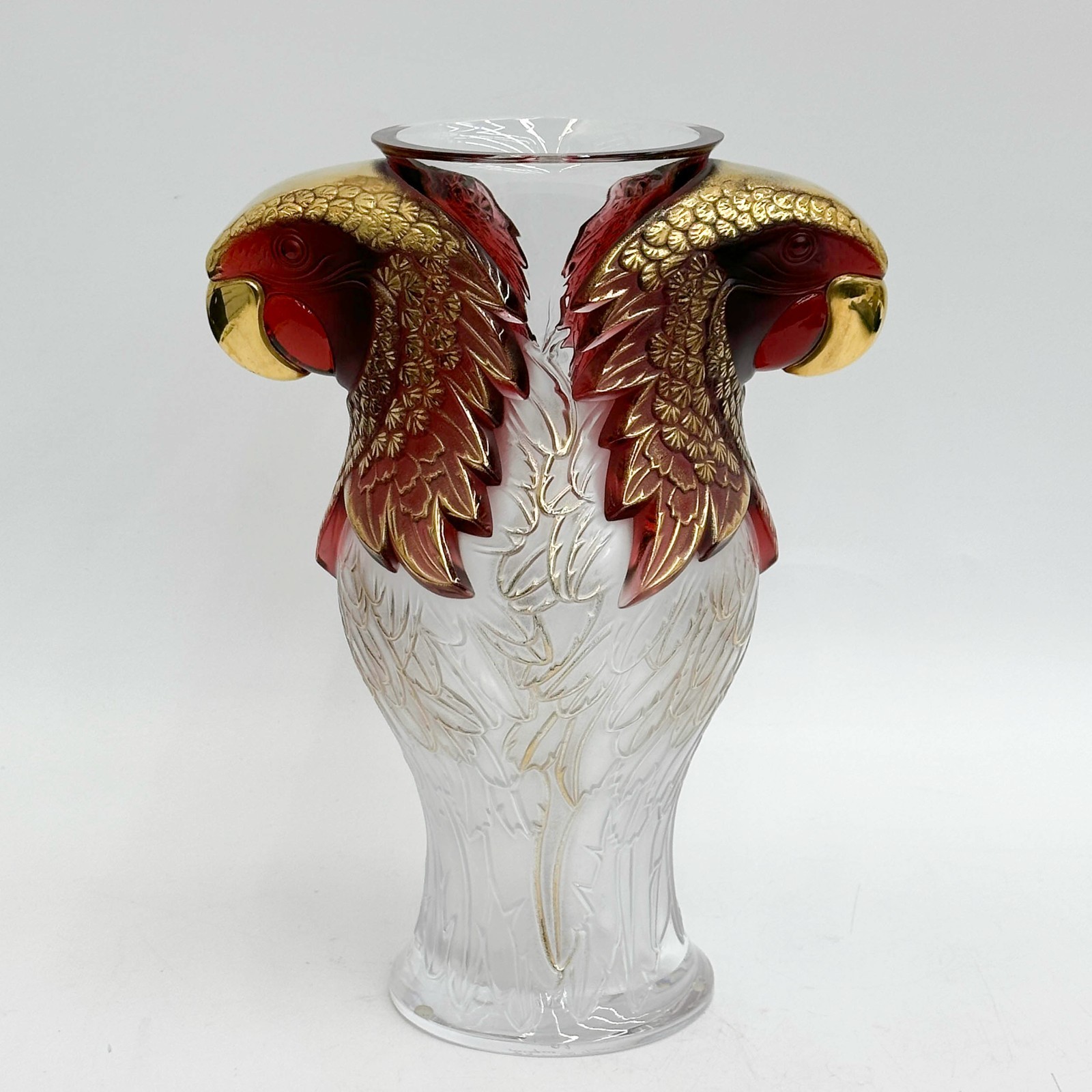Lalique Glass Red Gold Macaw Vase ” Macao Rouge Emaille Or ” Ltd Edition of 9