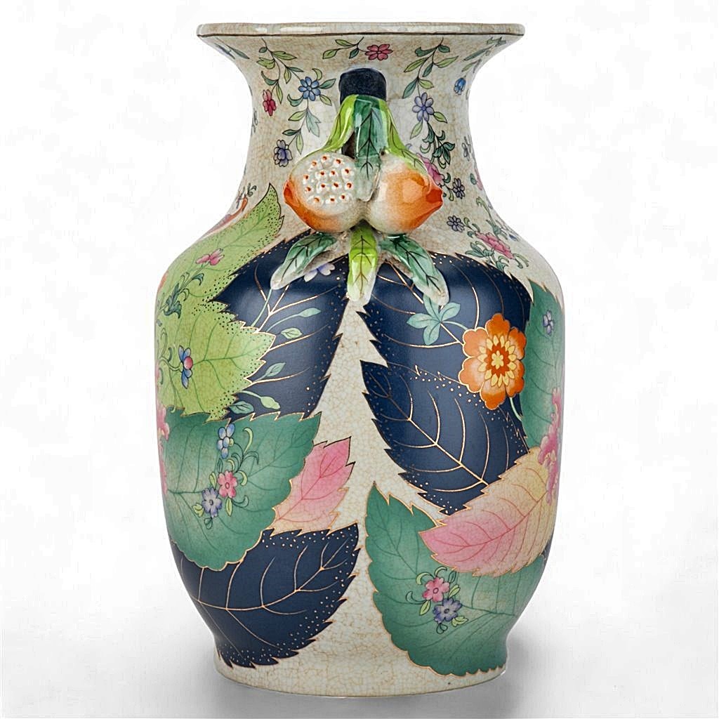 Colorful Chinoiserie Porcelain Jug Vase.Pomegranate Handles.Tobacco Leaf-8.5”H