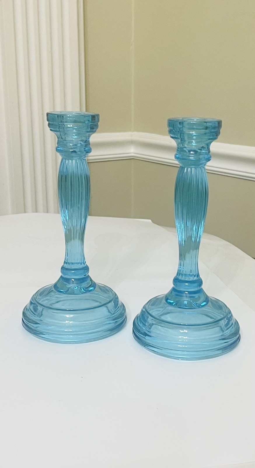 Vintage Indiana Tiara Glass Candle Stick Holders PAIR Duchess Horizon Blue 8 3/8