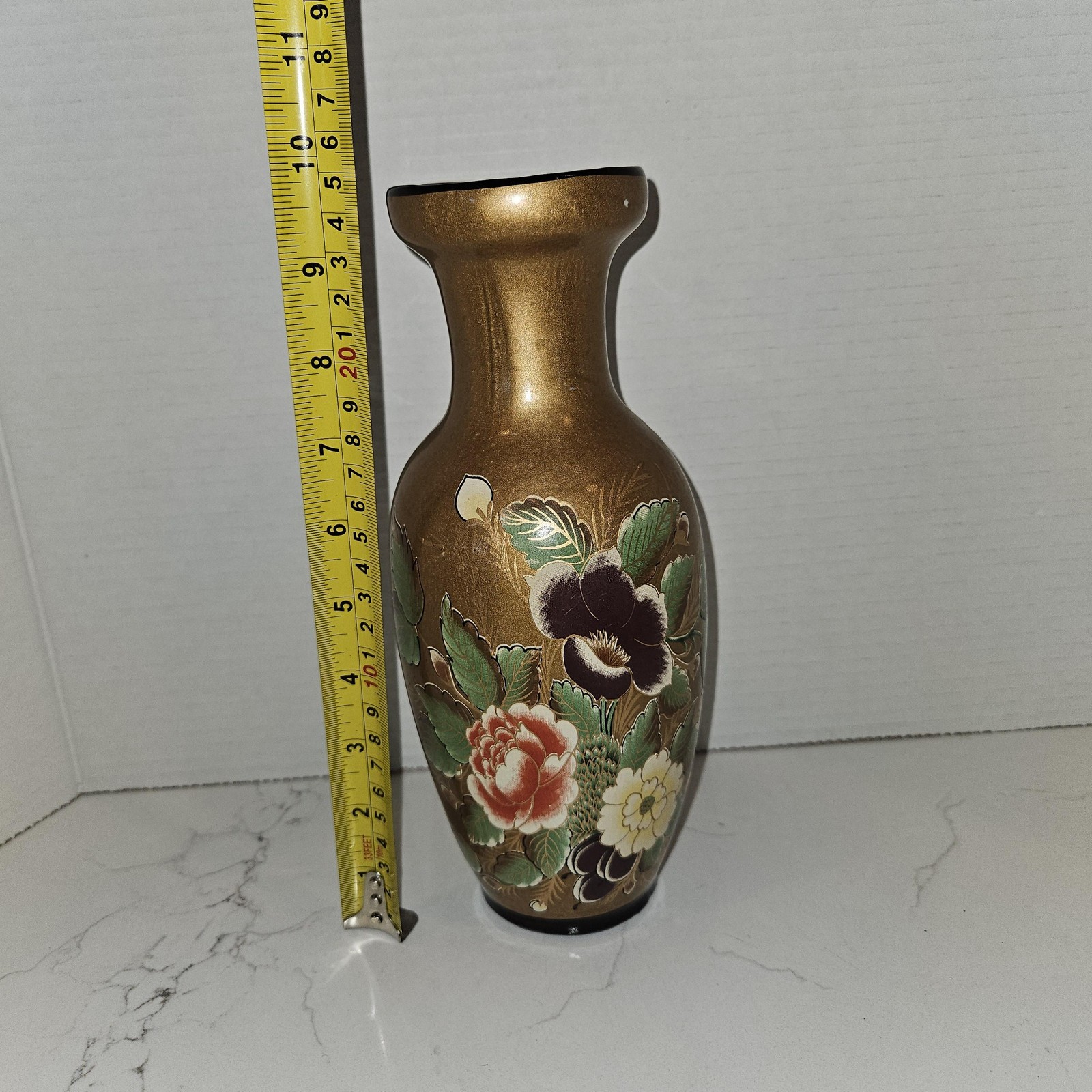 Vintage Enamel Vase Metallic Gold Hand Painted 8″ Floral Decorative Flower