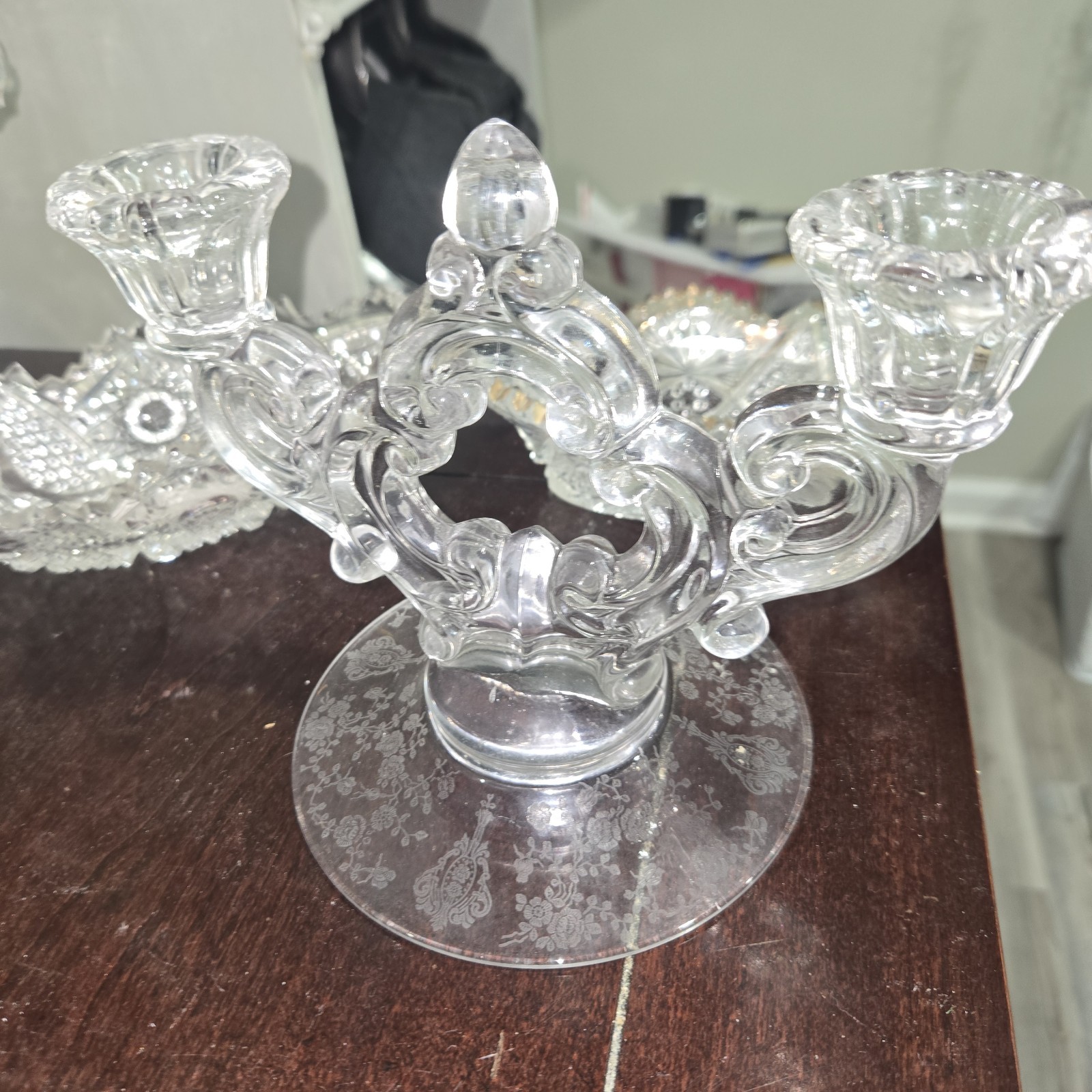 Cambridge Rose Point 3400/638 Keyhole 2 Light Candle Holder Etching #1041
