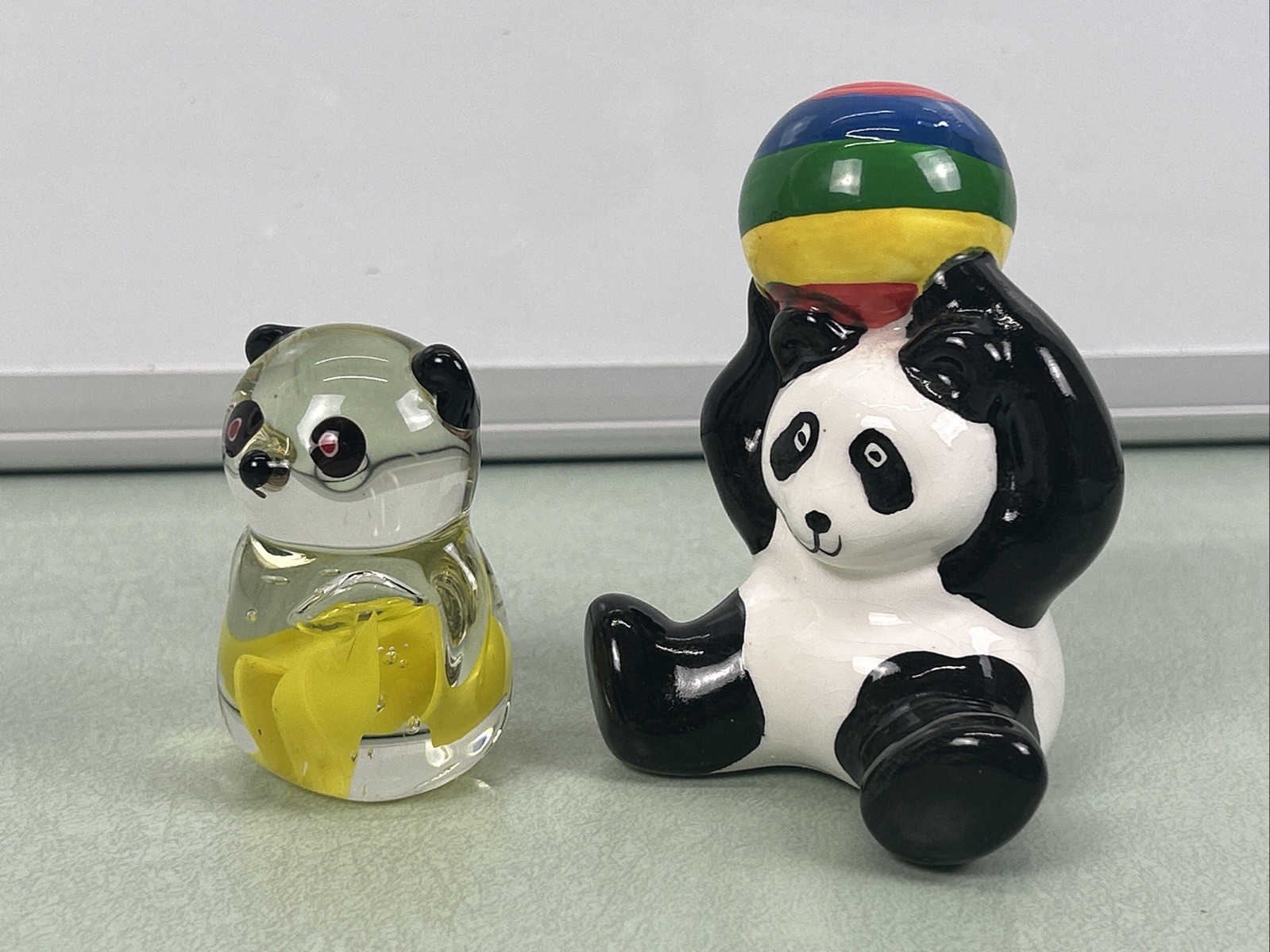 Panda Figure Figurine Statue Lot Omnibus 1984 & Hand Blown Glass Art Paperweight