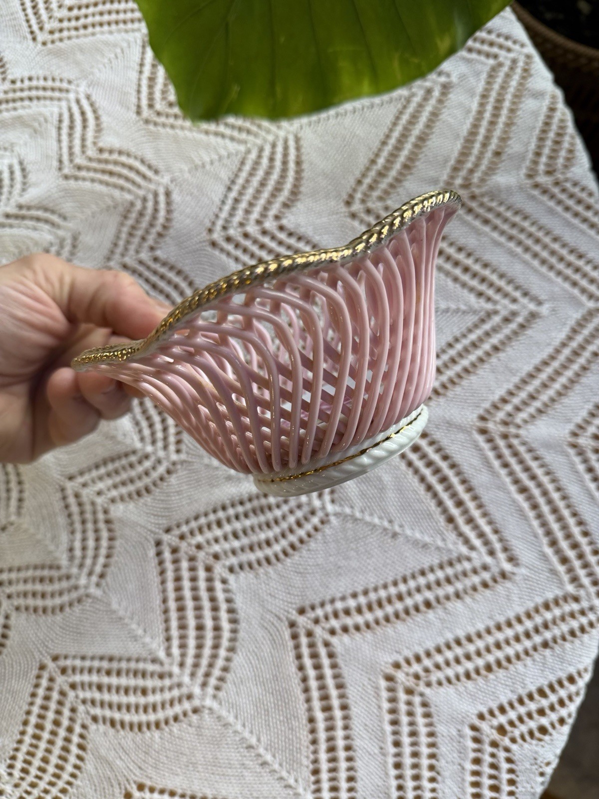 Vintage Pink Reticulated Porcelain Basket Candy Dish Gold Gilt Rose Floral 5.5”