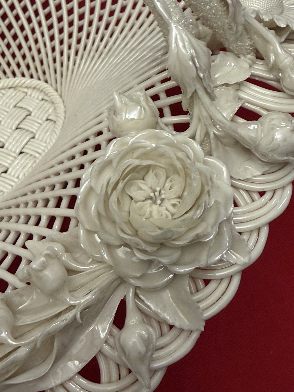 Antique Belleek Henshall 4 Strand Twig Handled Basket w/ Flowers Large Size 13”